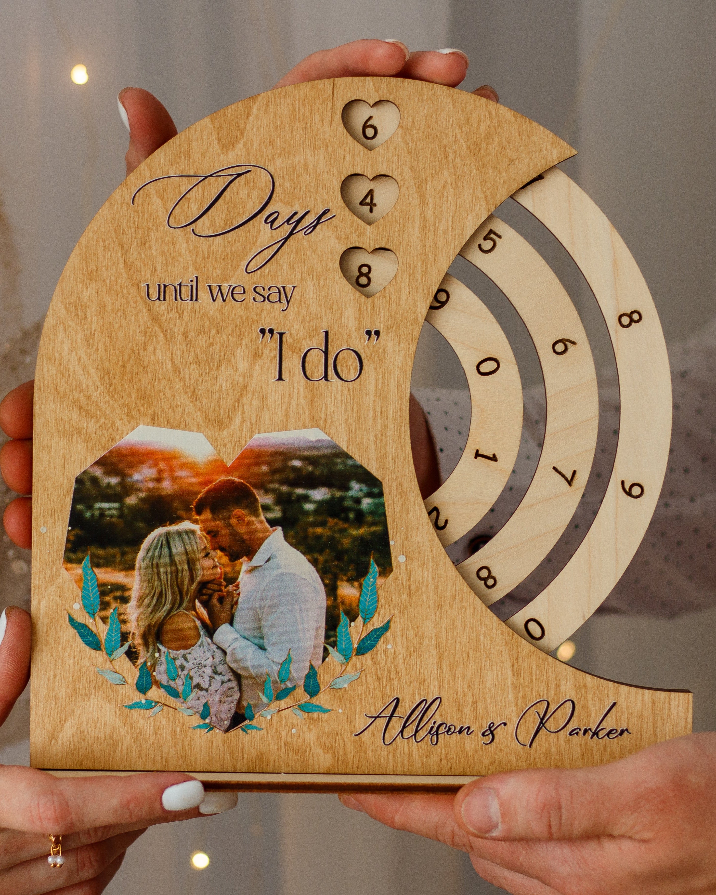 Personalized wedding countdown calendar with photo and names