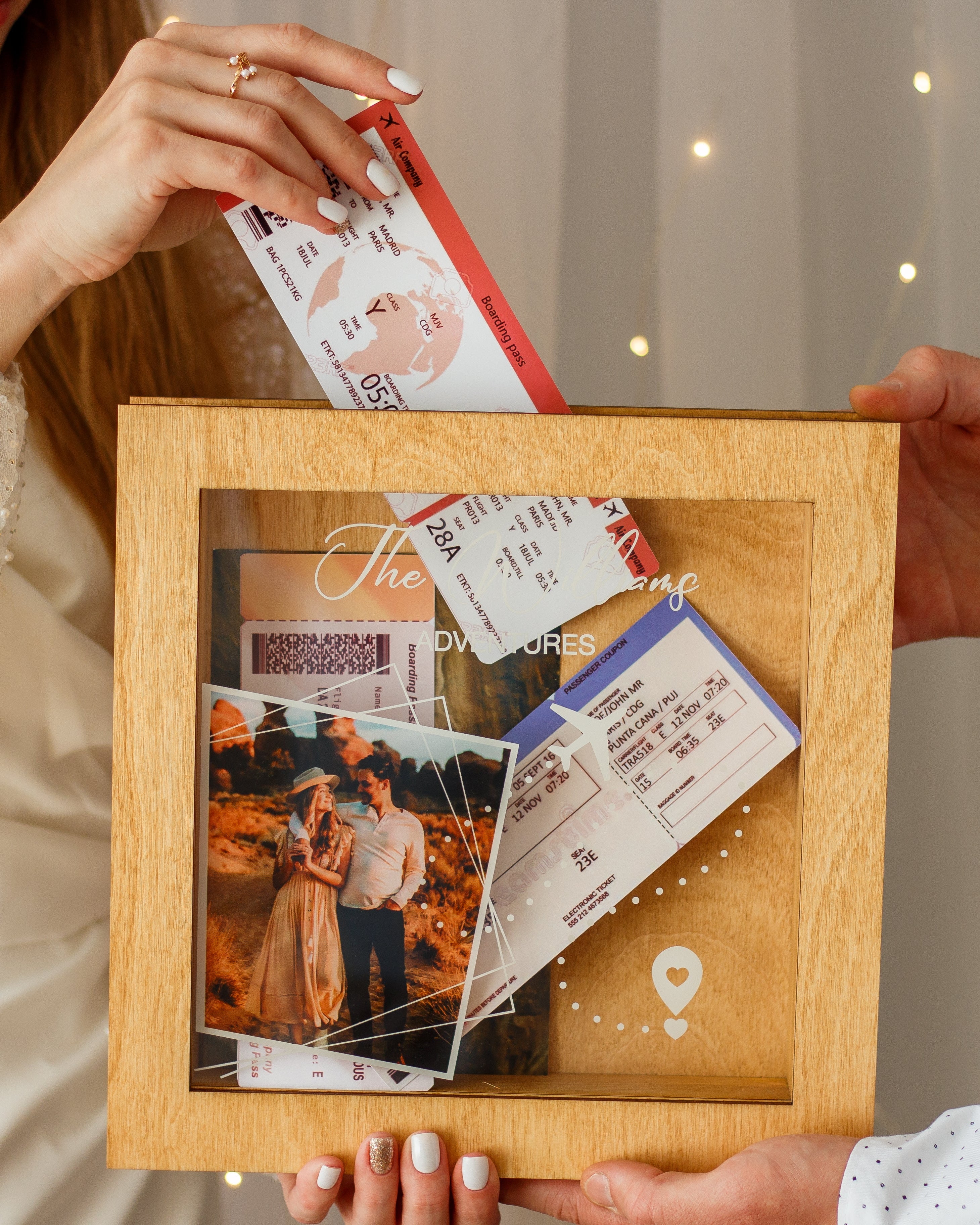 Custom vacation memory box with airplane path