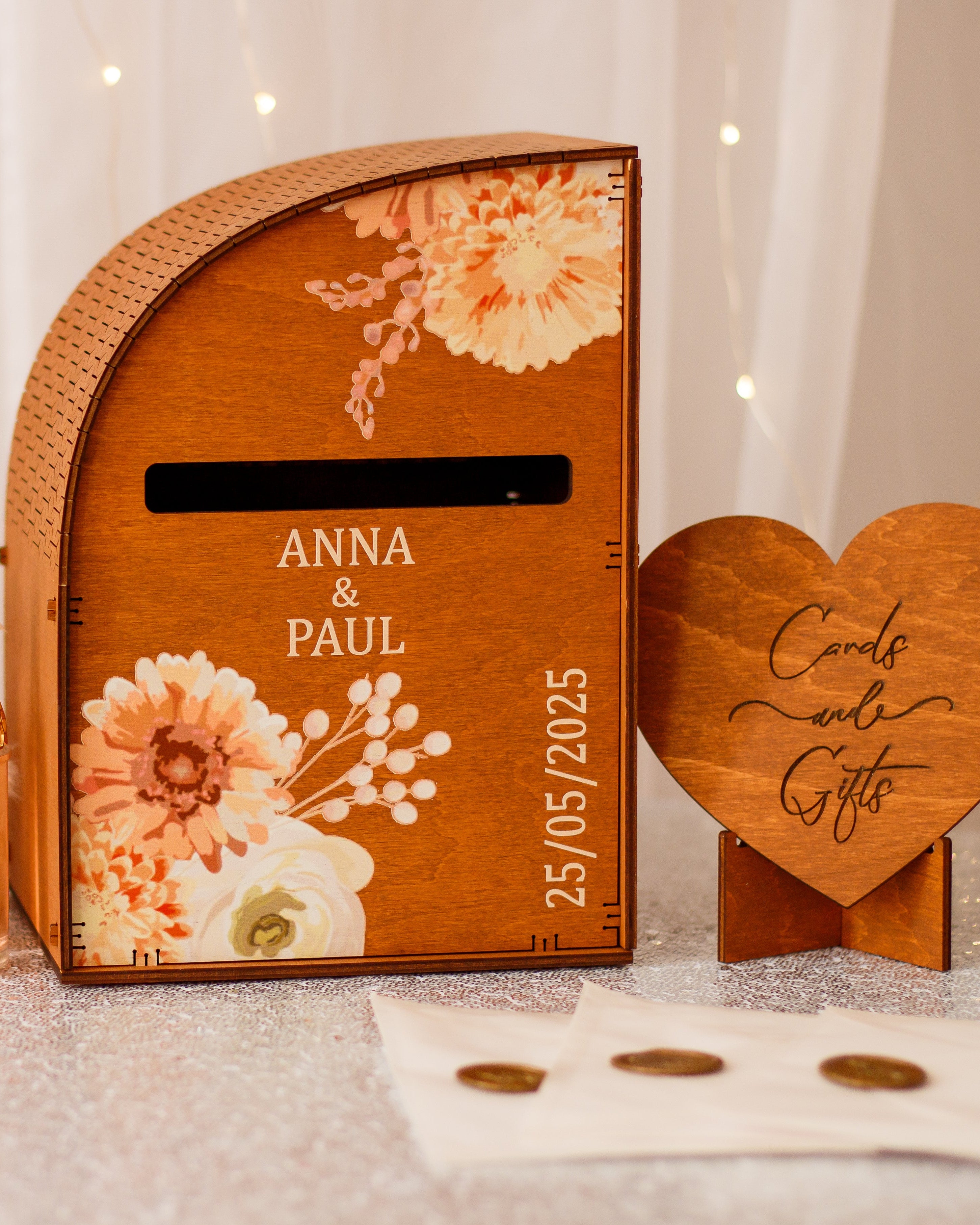 Custom engraved wooden card holder for wedding gifts