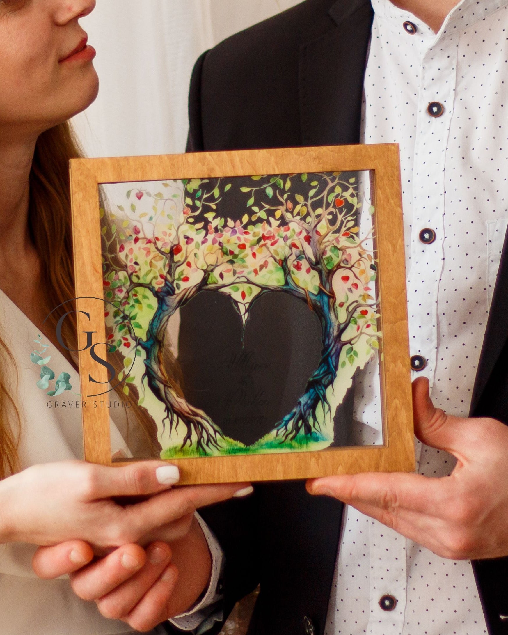 Unity sand ceremony shadow box frame for wedding with bottles and heart tree cutout