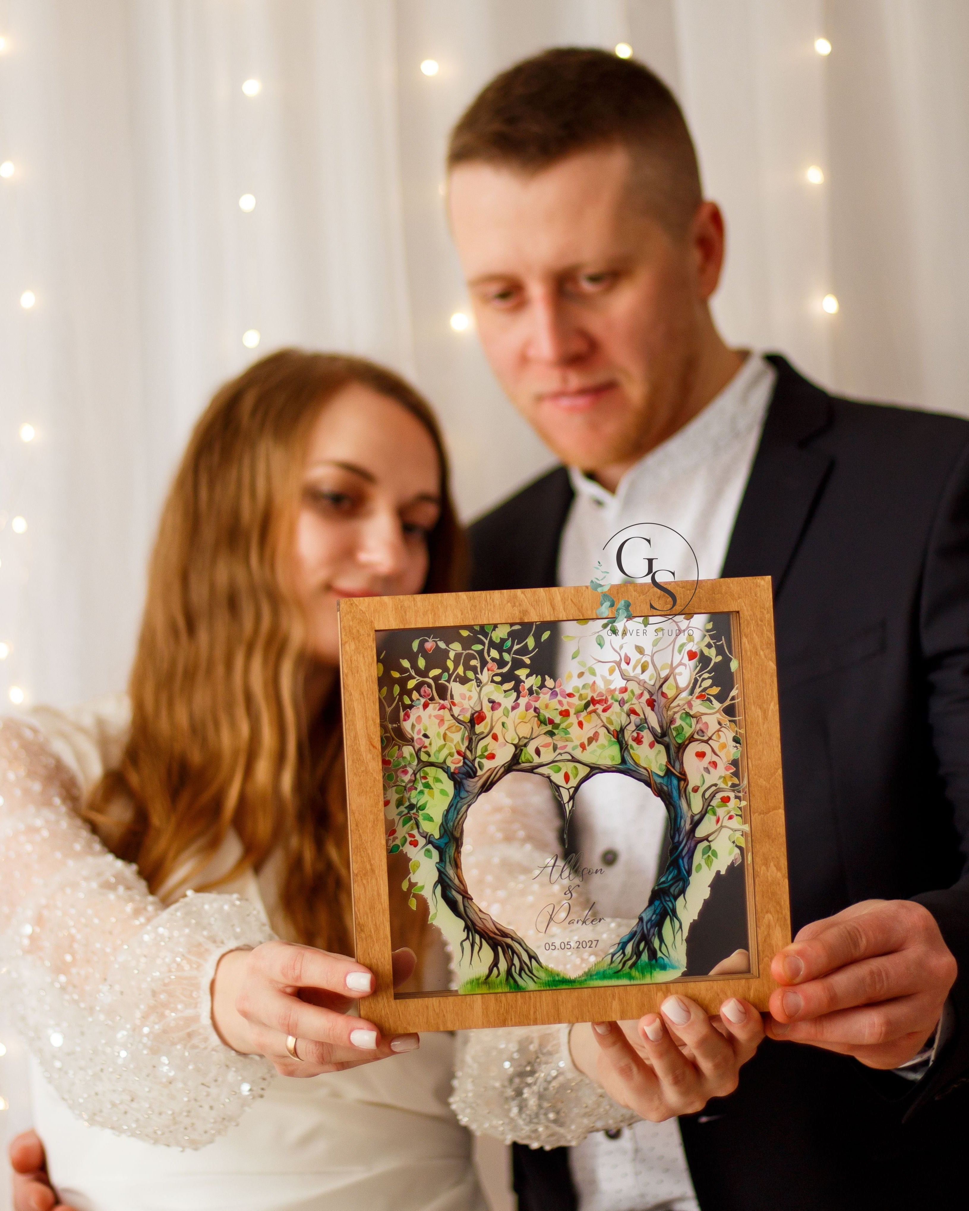 Wedding unity sand frame keepsake with heart tree design and sand bottles