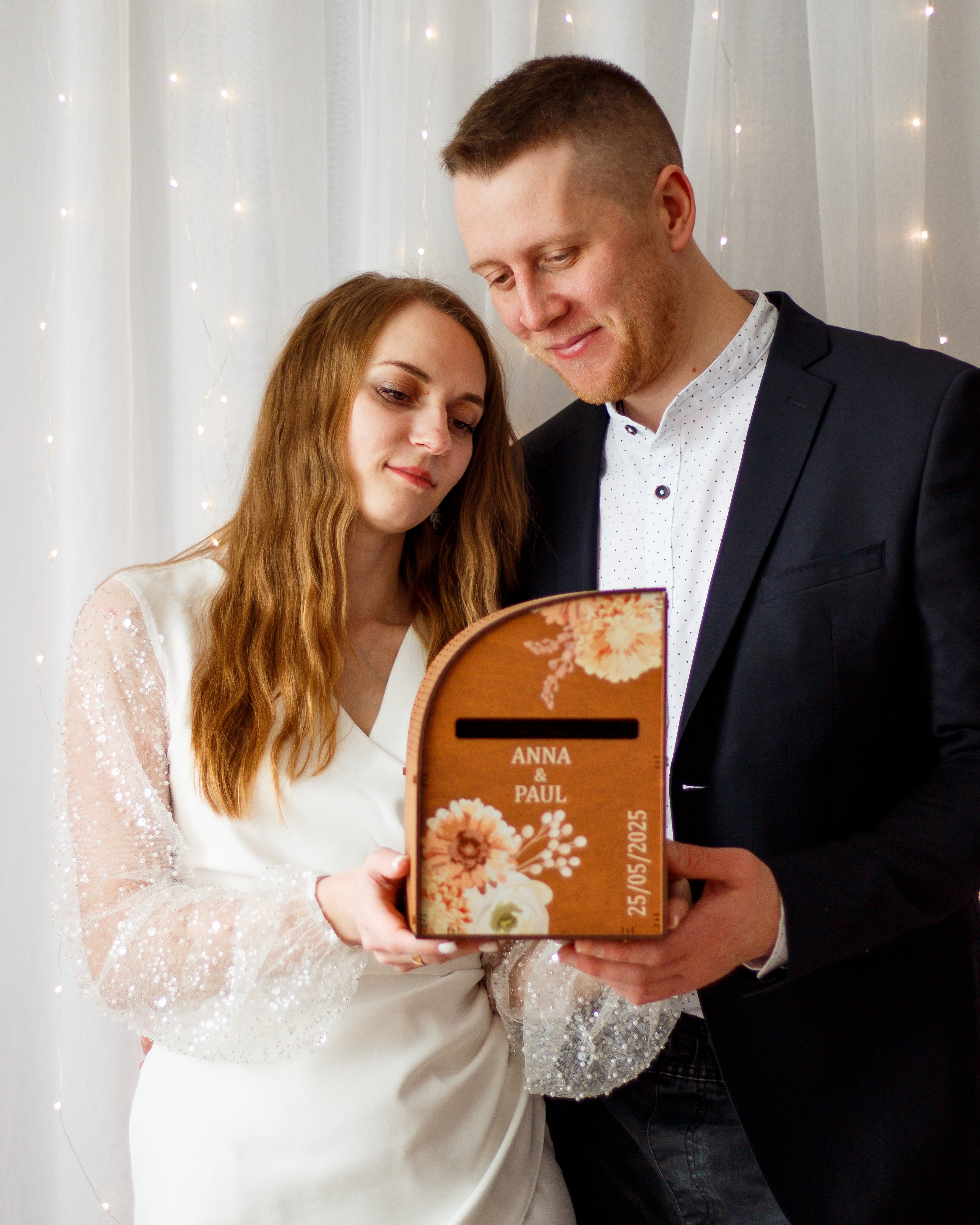 Personalized wedding card box with couple names and date