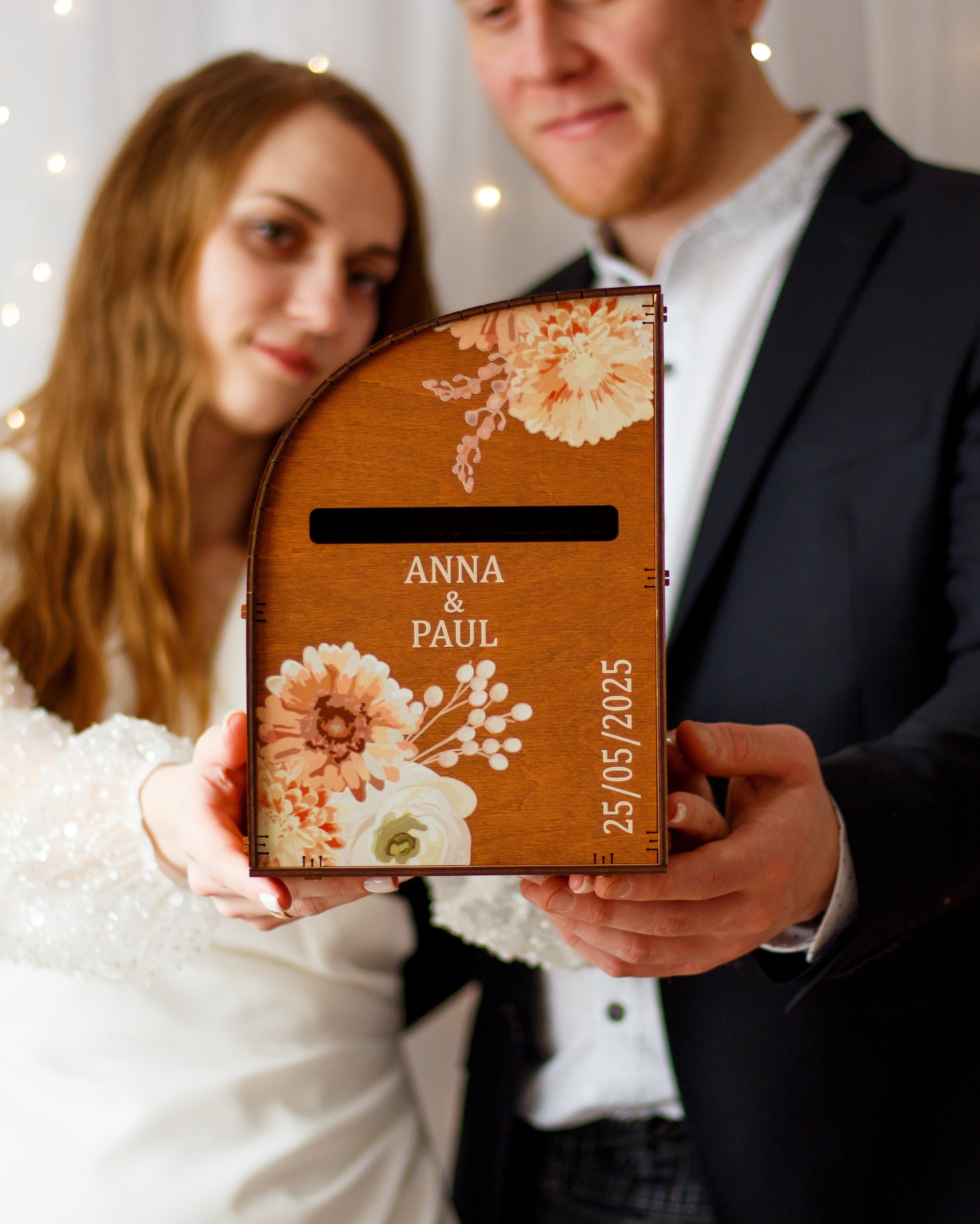 Rustic wooden card box for wedding envelopes with floral print