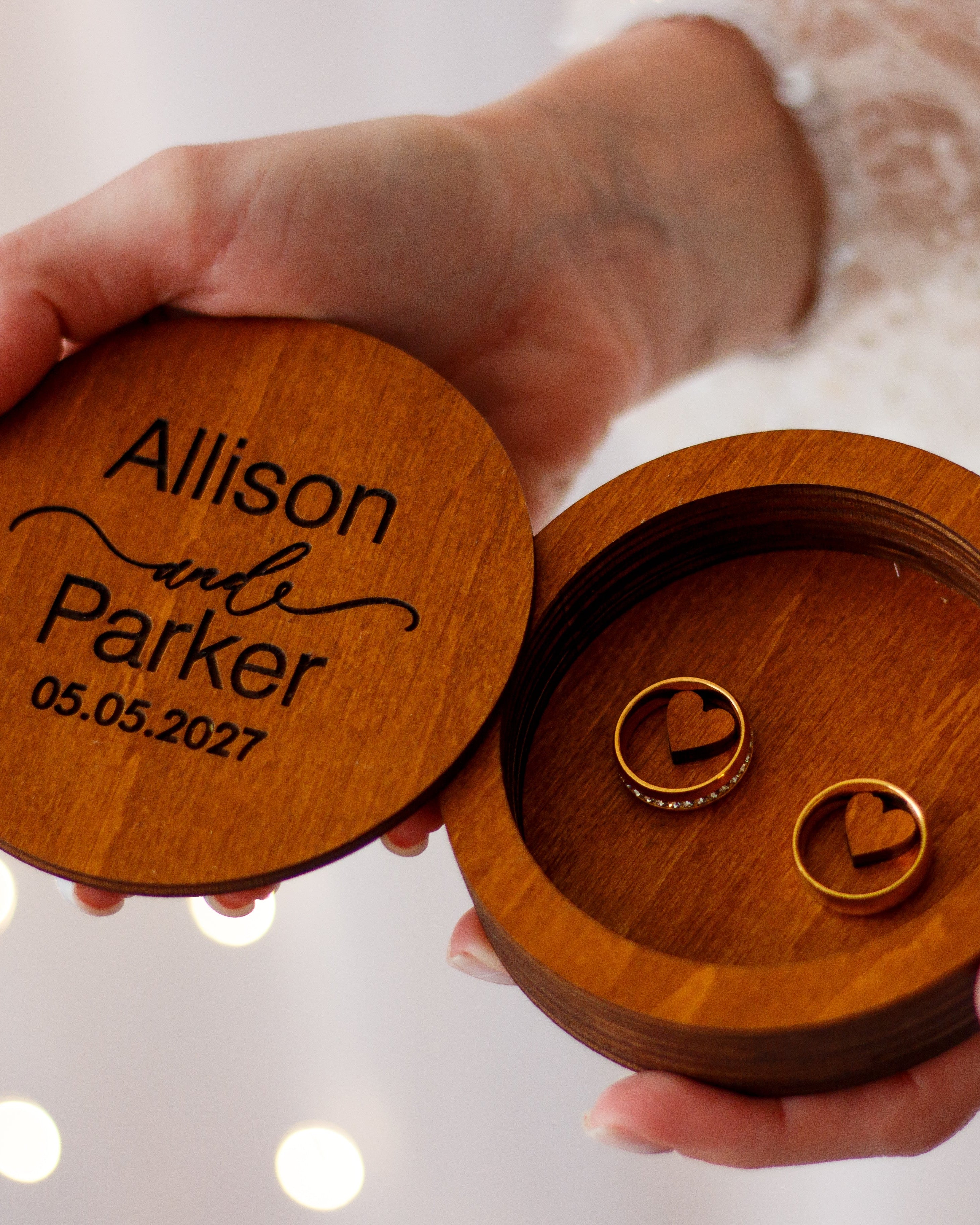 Personalized wooden ring box with names and wedding date