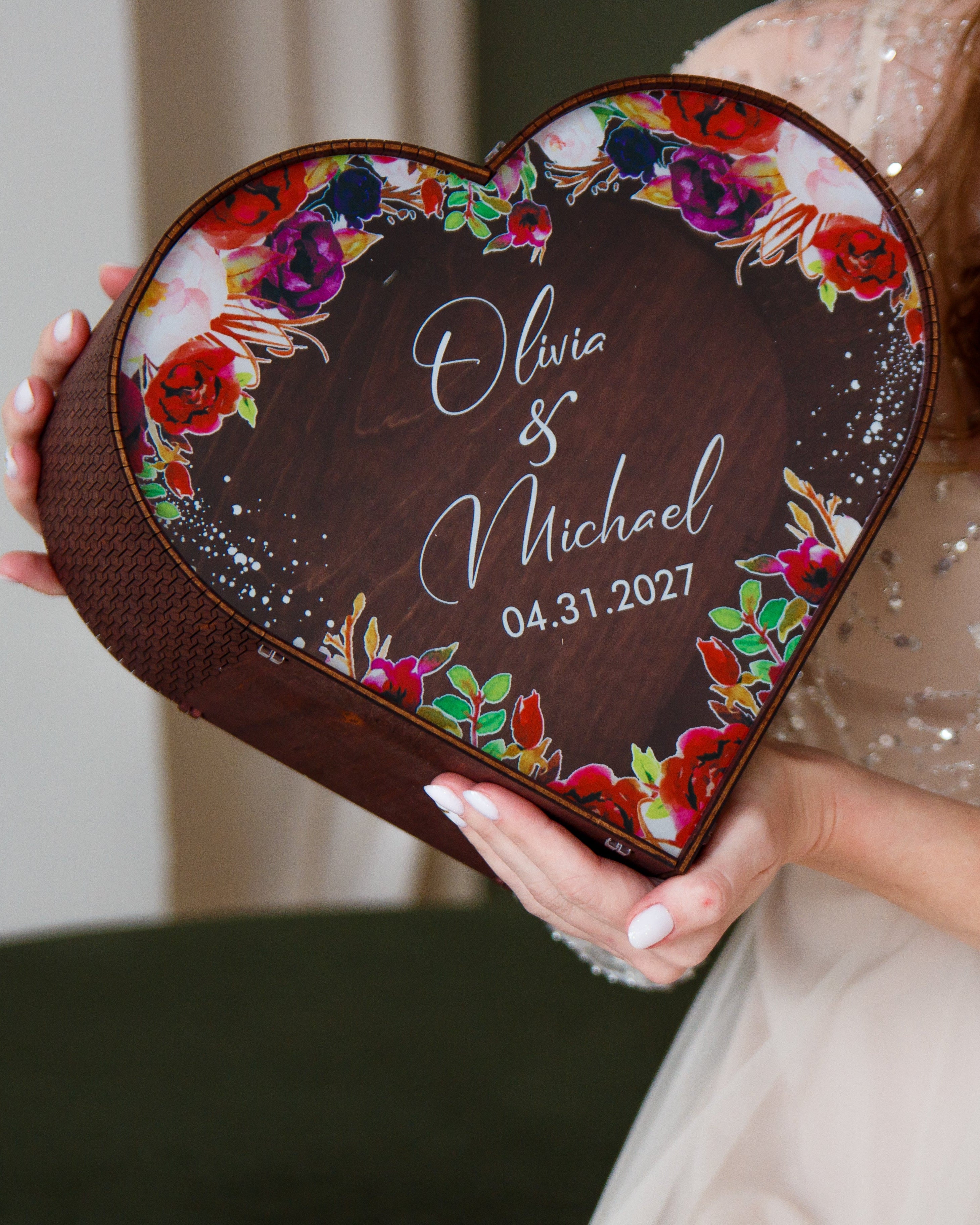 Handmade wooden wedding envelope box with flowers