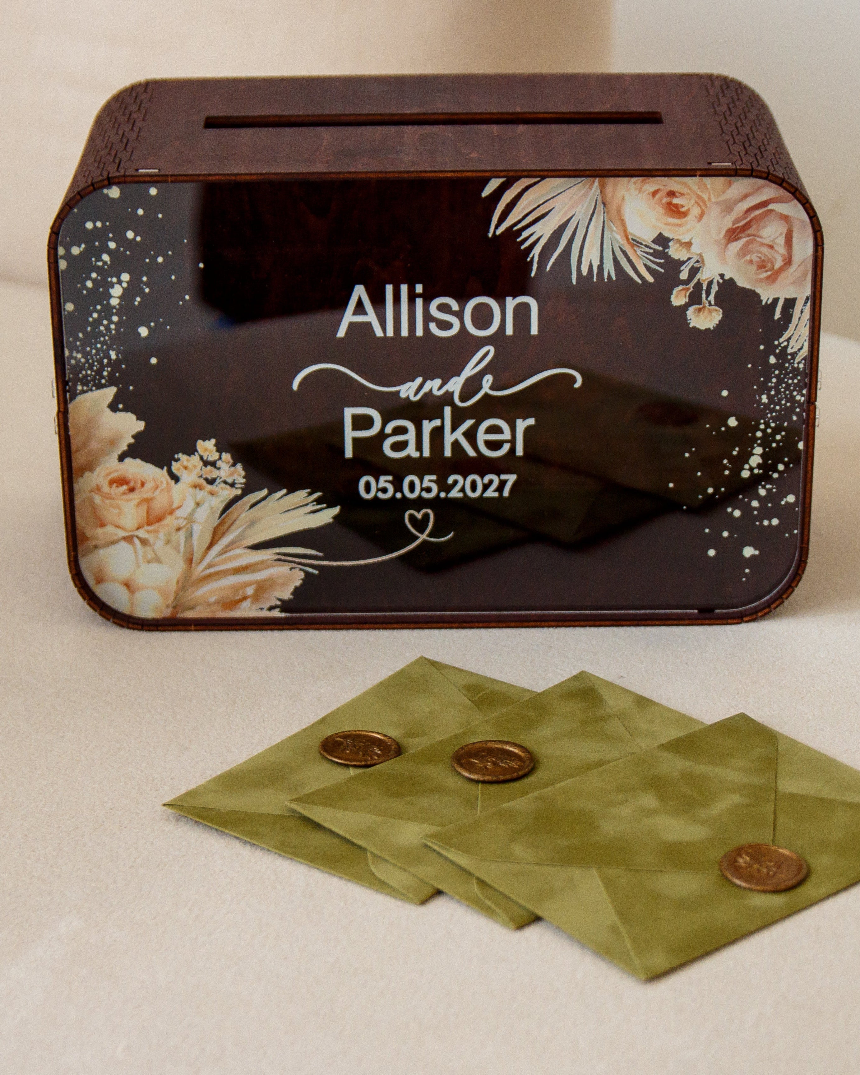 Handmade wooden wedding envelope holder