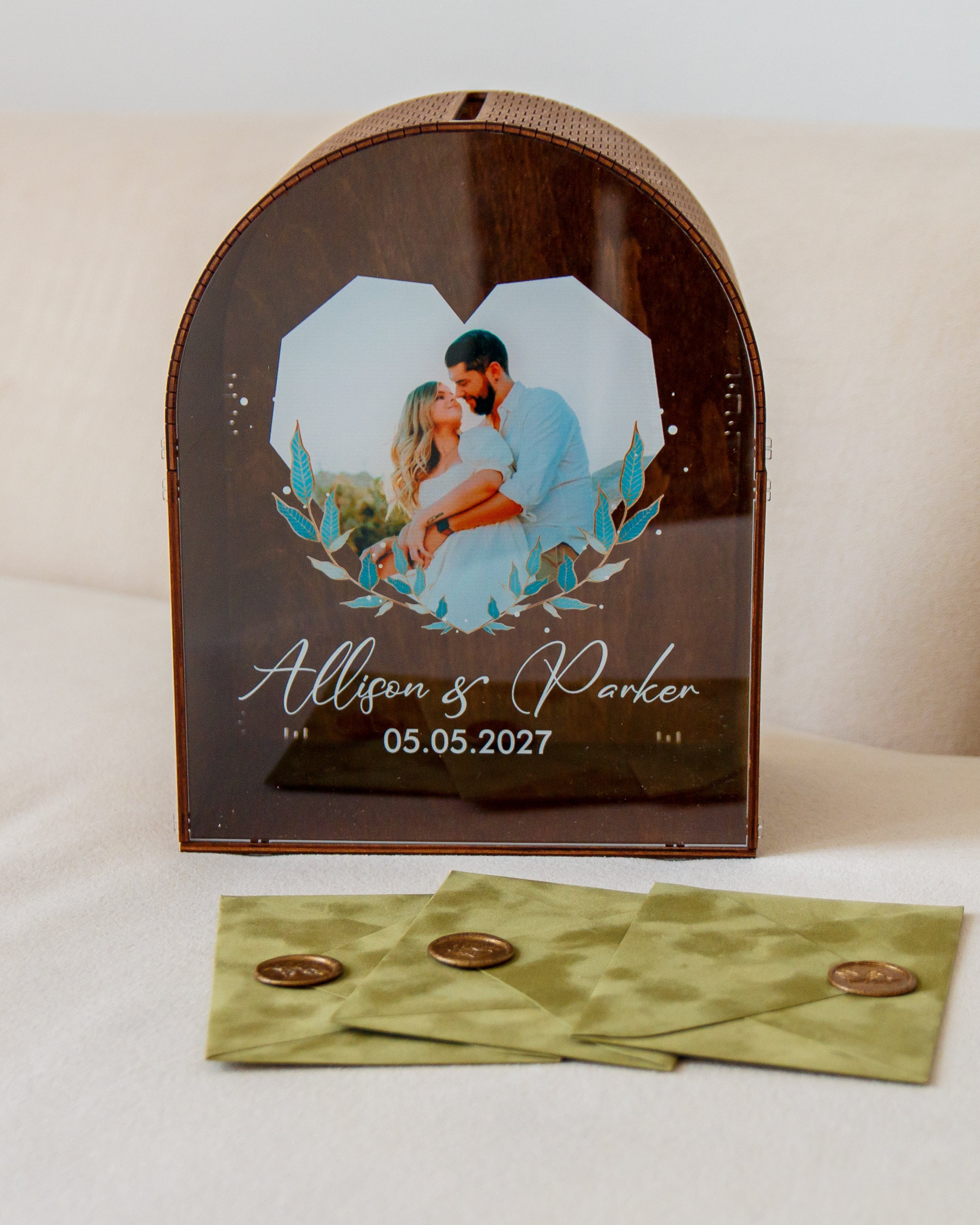 Custom wooden card box with couple names and date