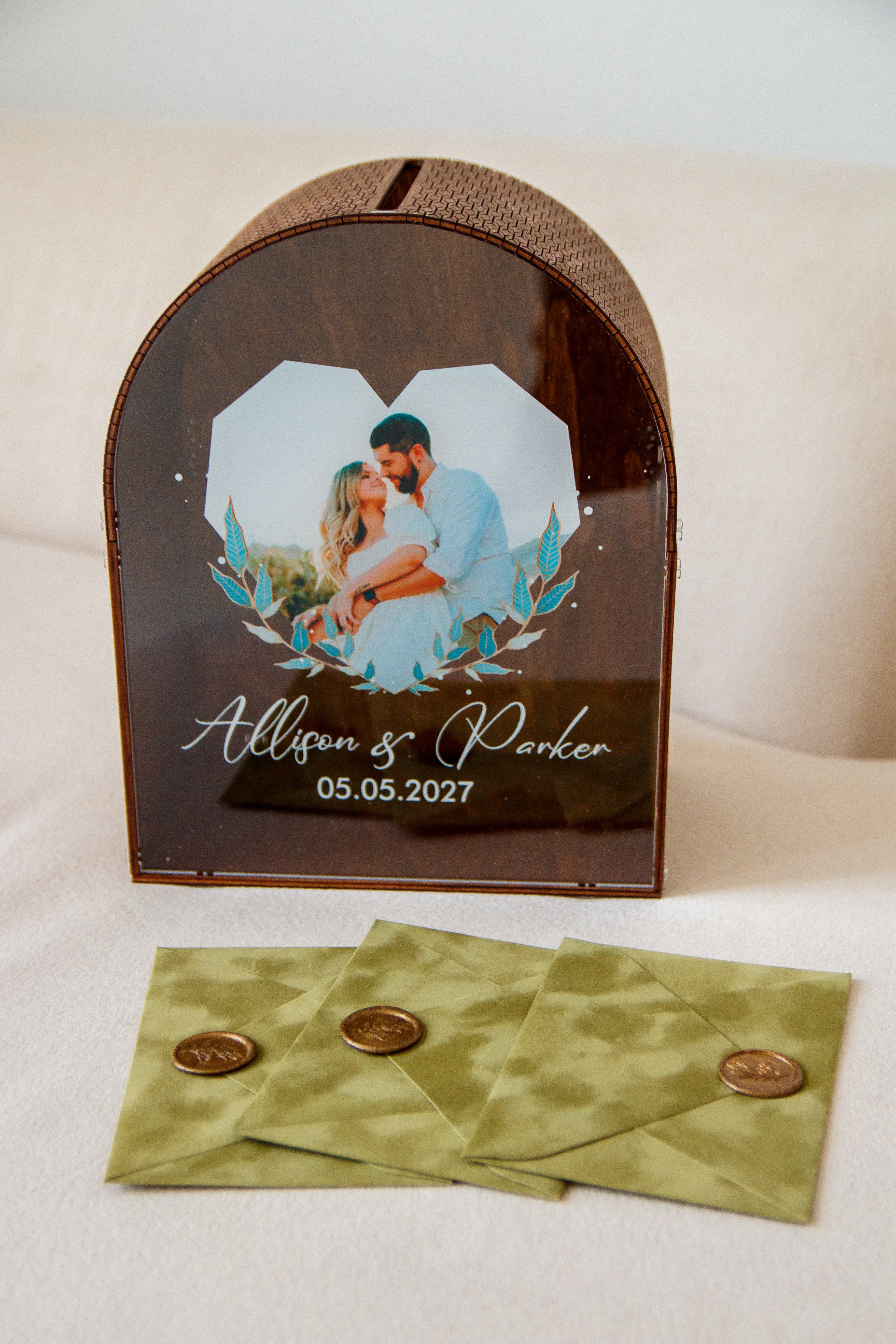 Wedding money box rustic wood with photo insert