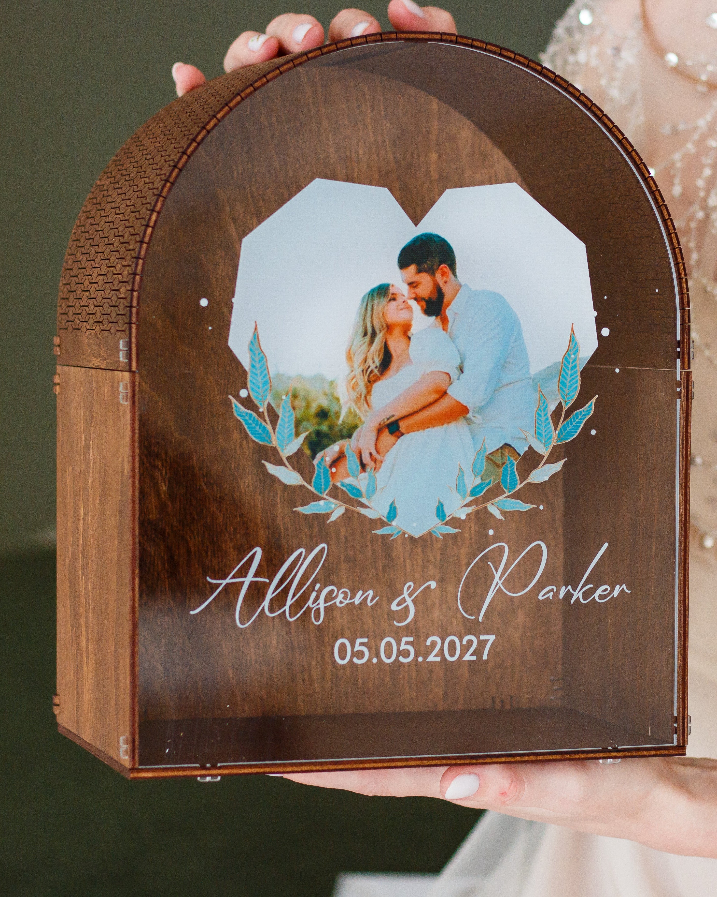 Elegant wooden wedding envelope holder with personalization