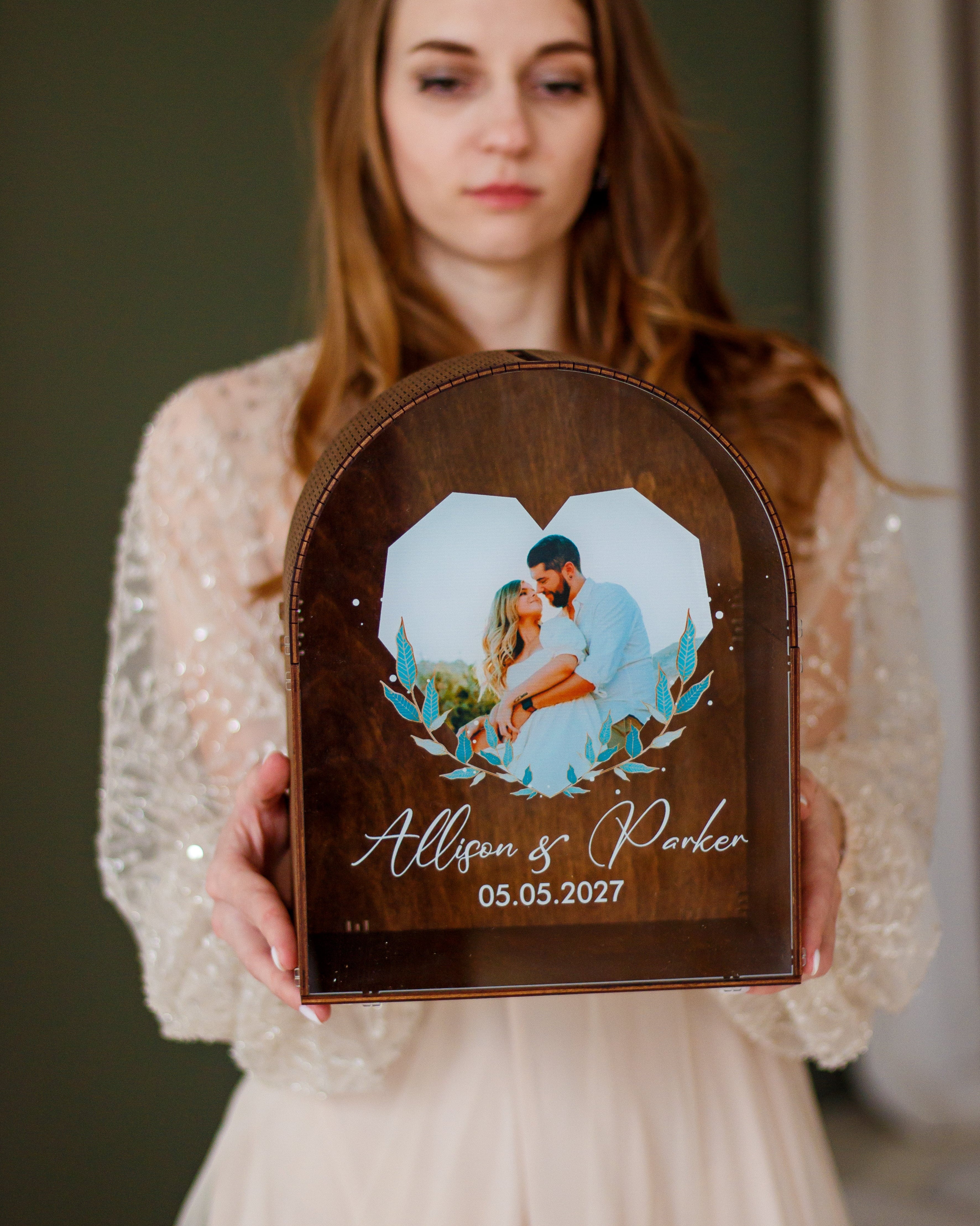 Personalized wedding card box with heart window