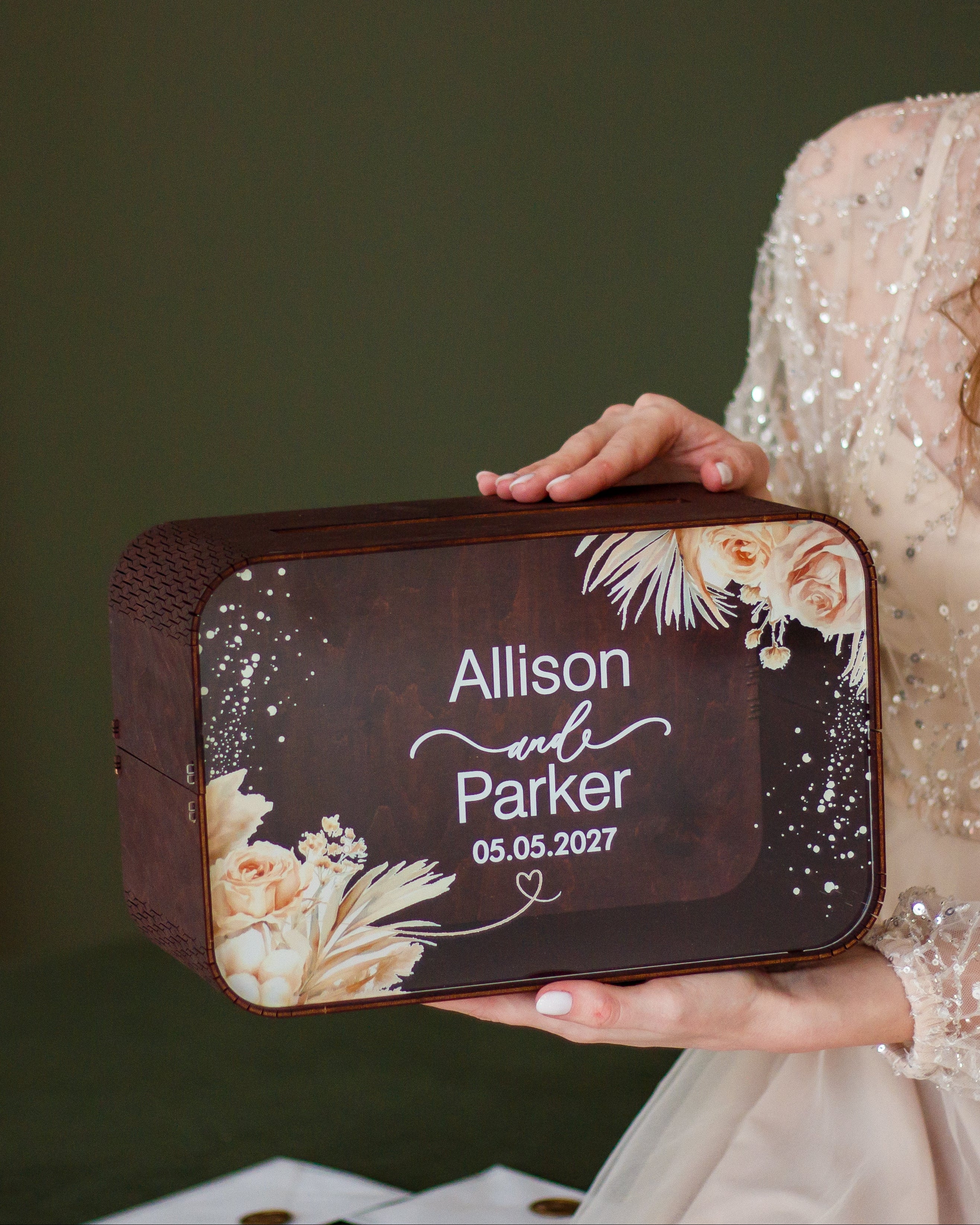 Rustic boho wedding card box with dried flower design