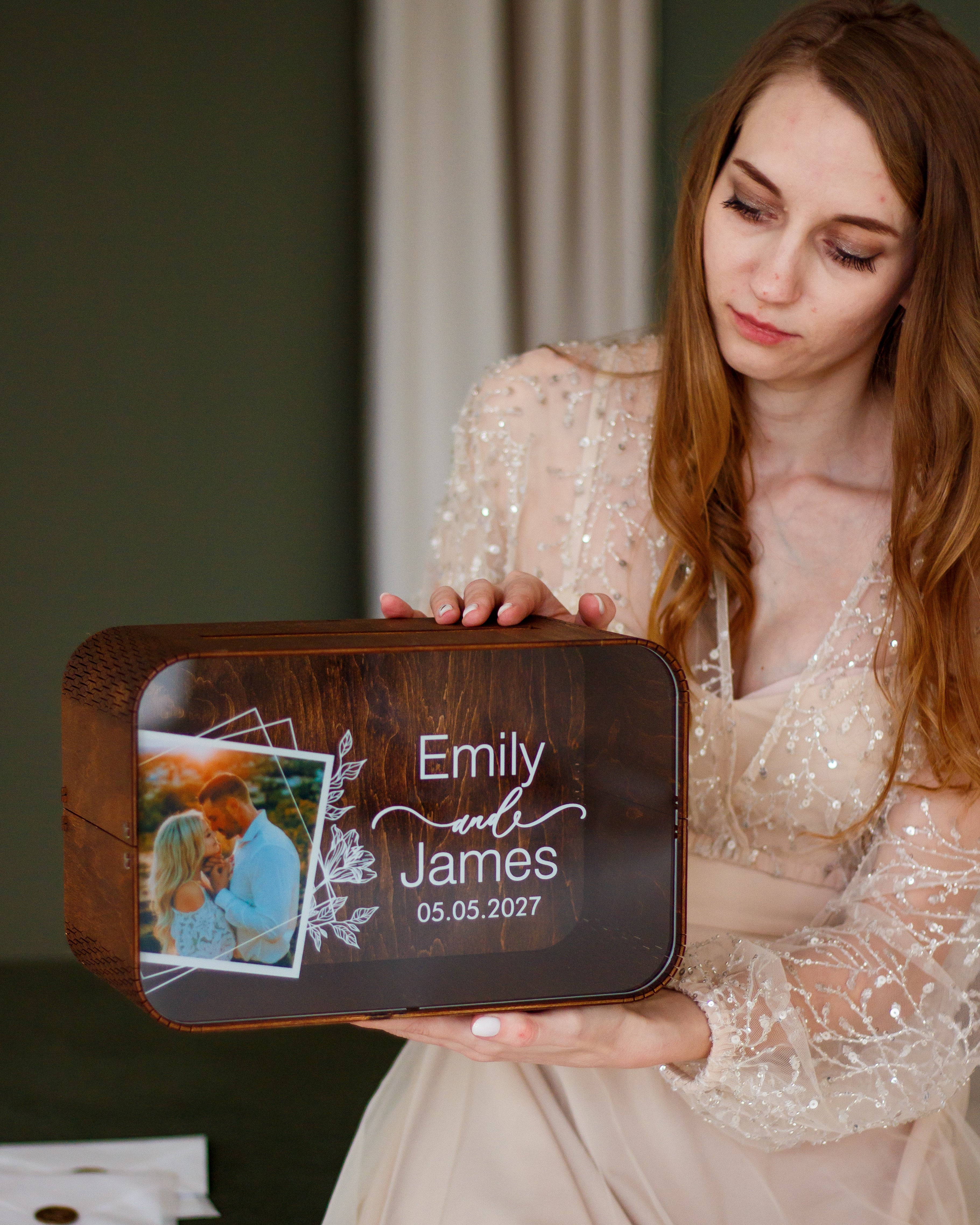 Elegant wooden card box with engraved floral design