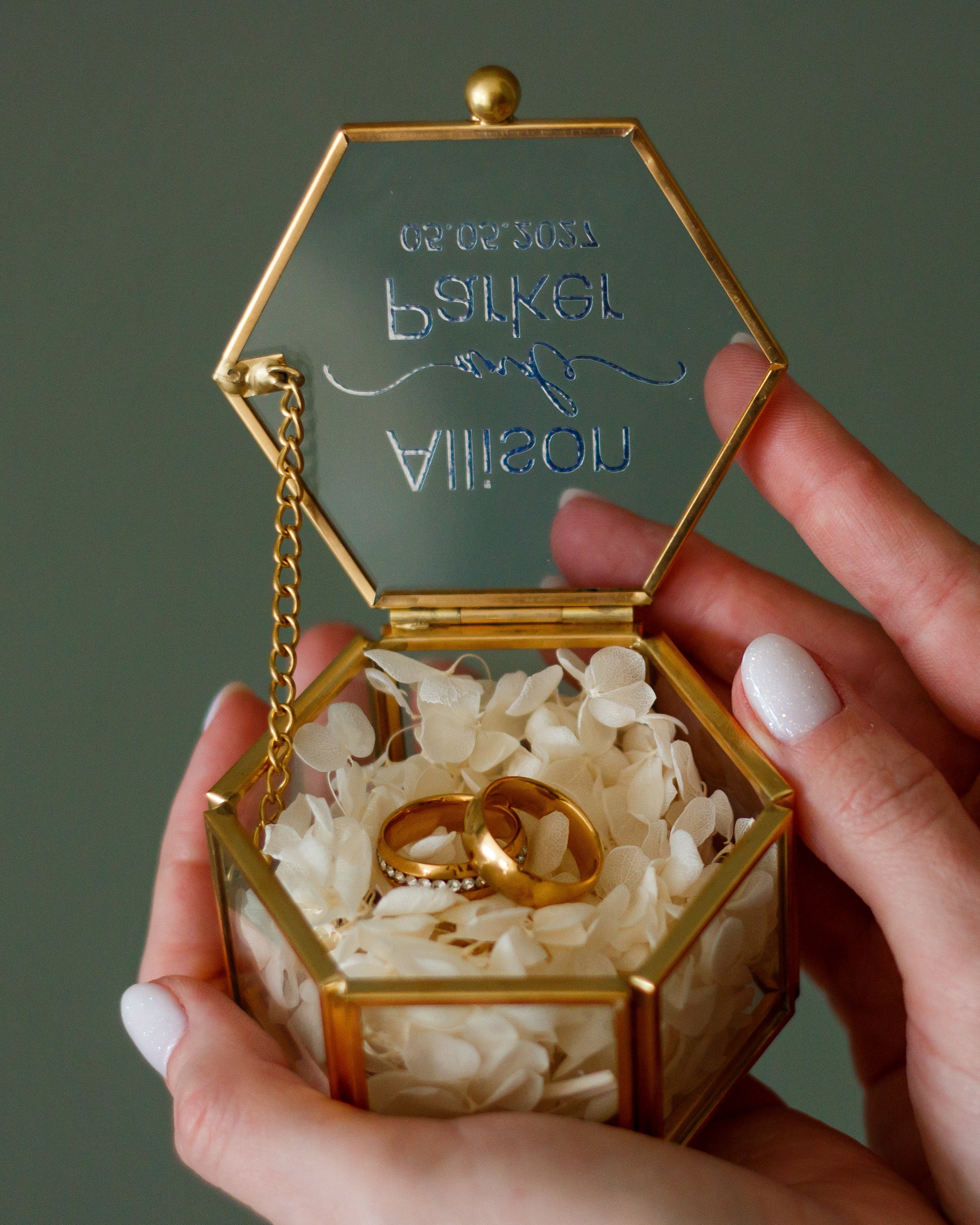 Personalized glass wedding ring box with gold frame