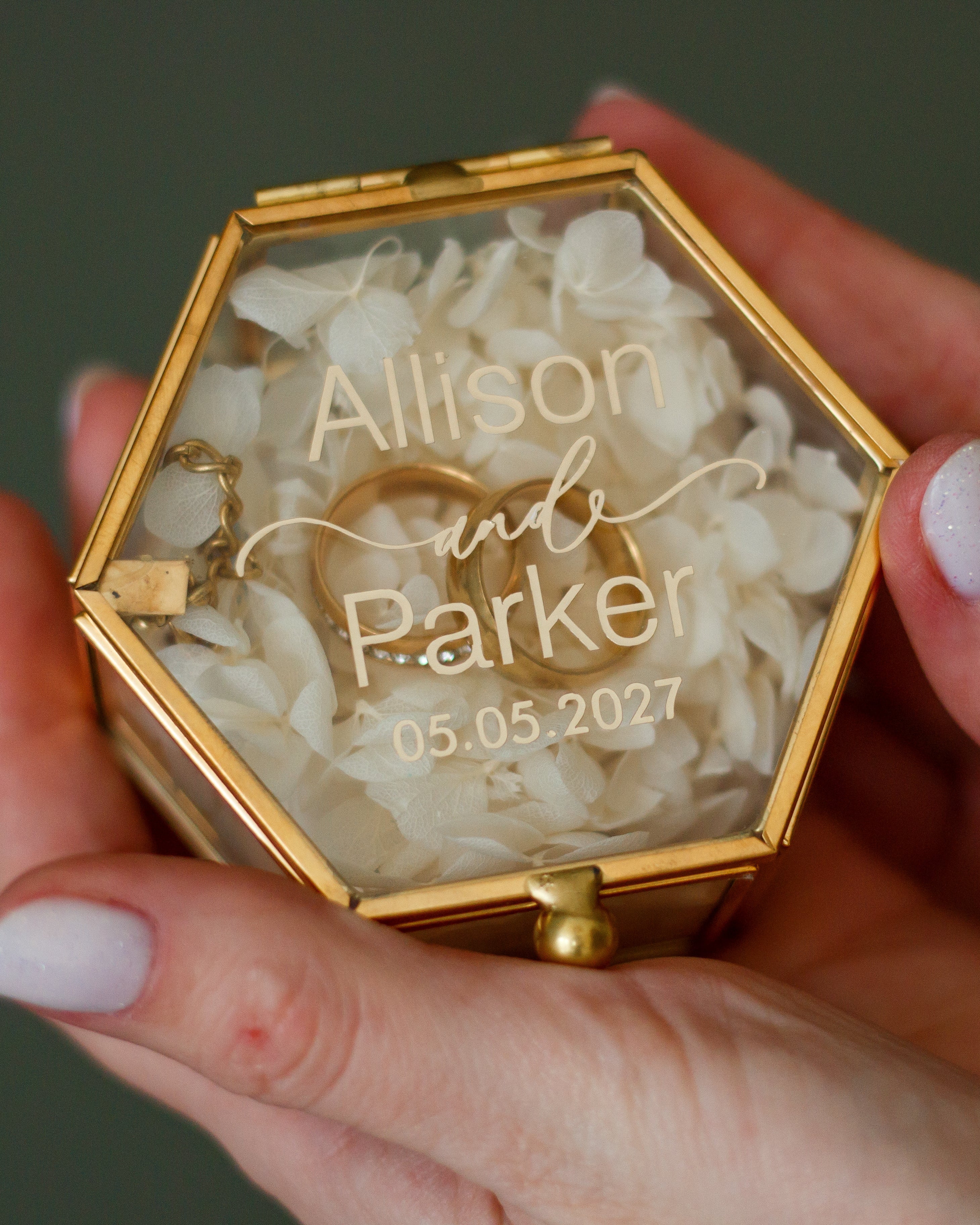 Elegant gold ring bearer box with dried flowers