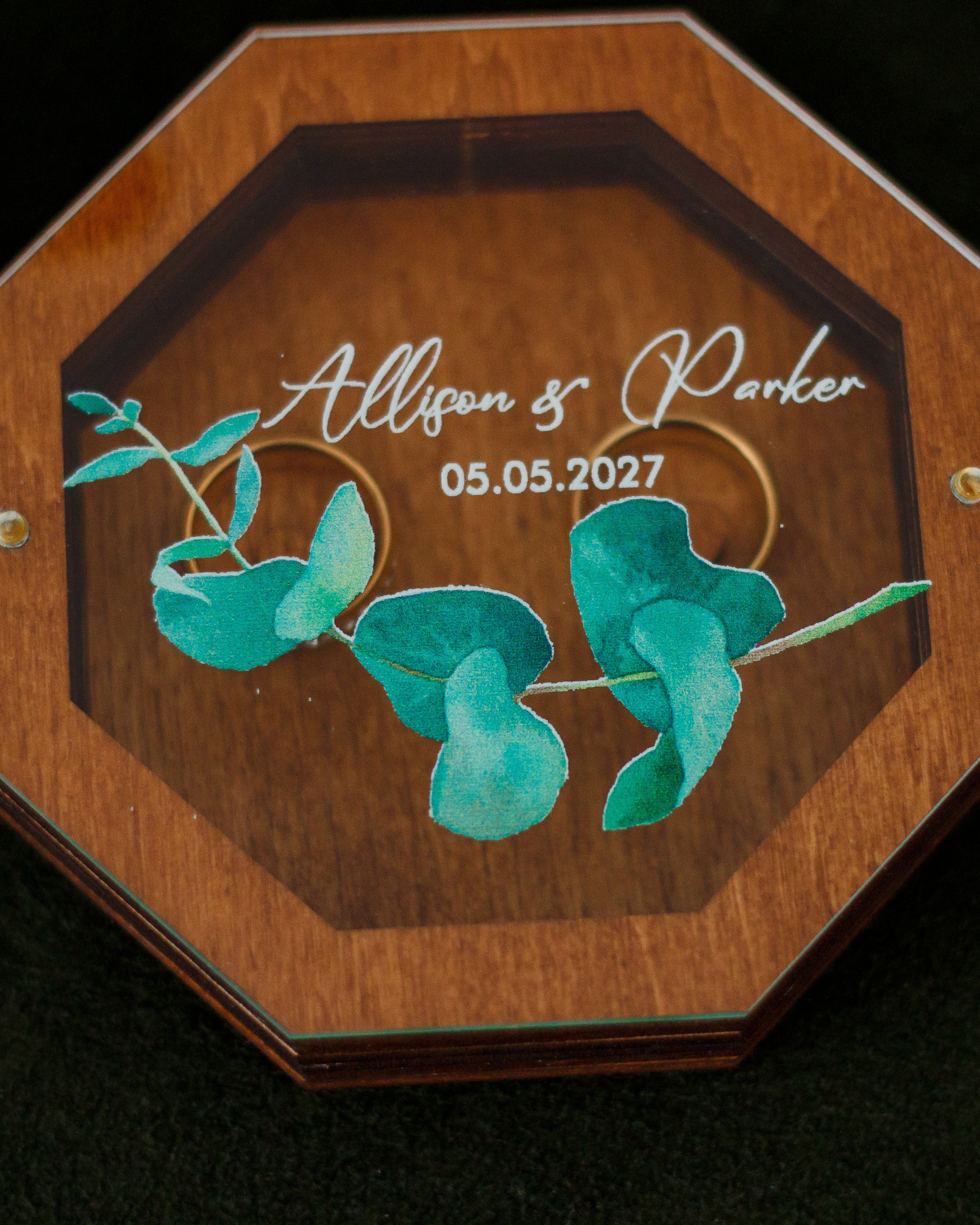 Boho style wedding ring box with greenery print