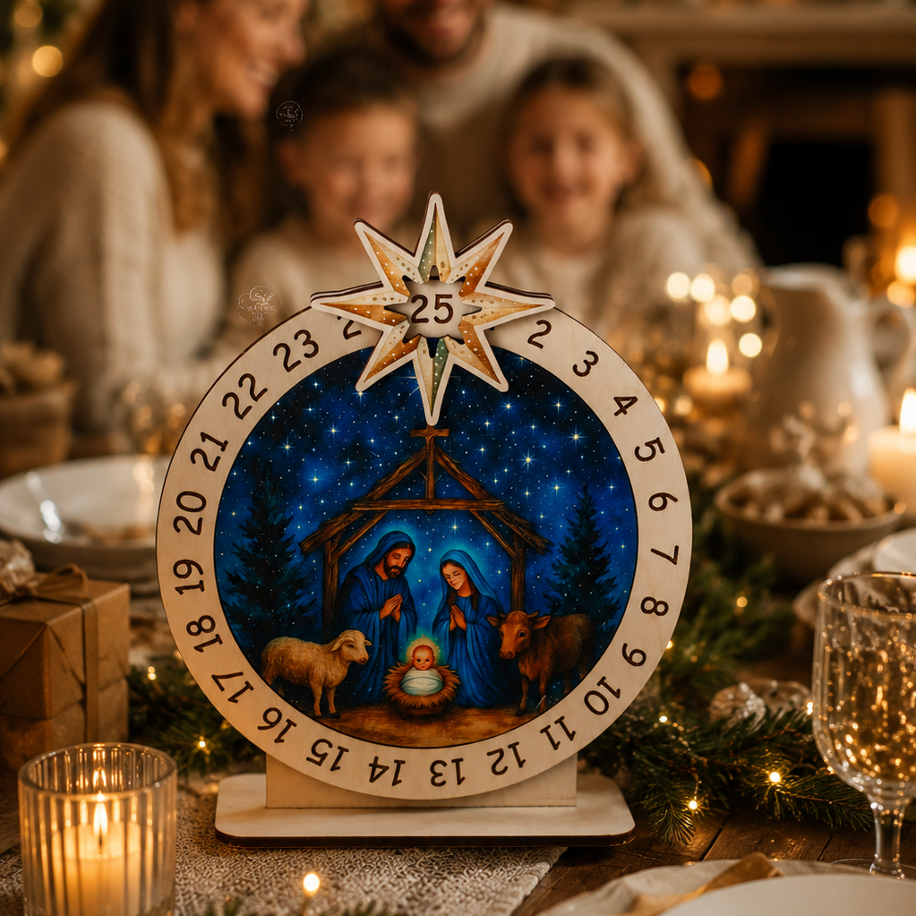 Round wooden advent calendar featuring a traditional Christmas nativity scene, numbered days, and festive seasonal background.
