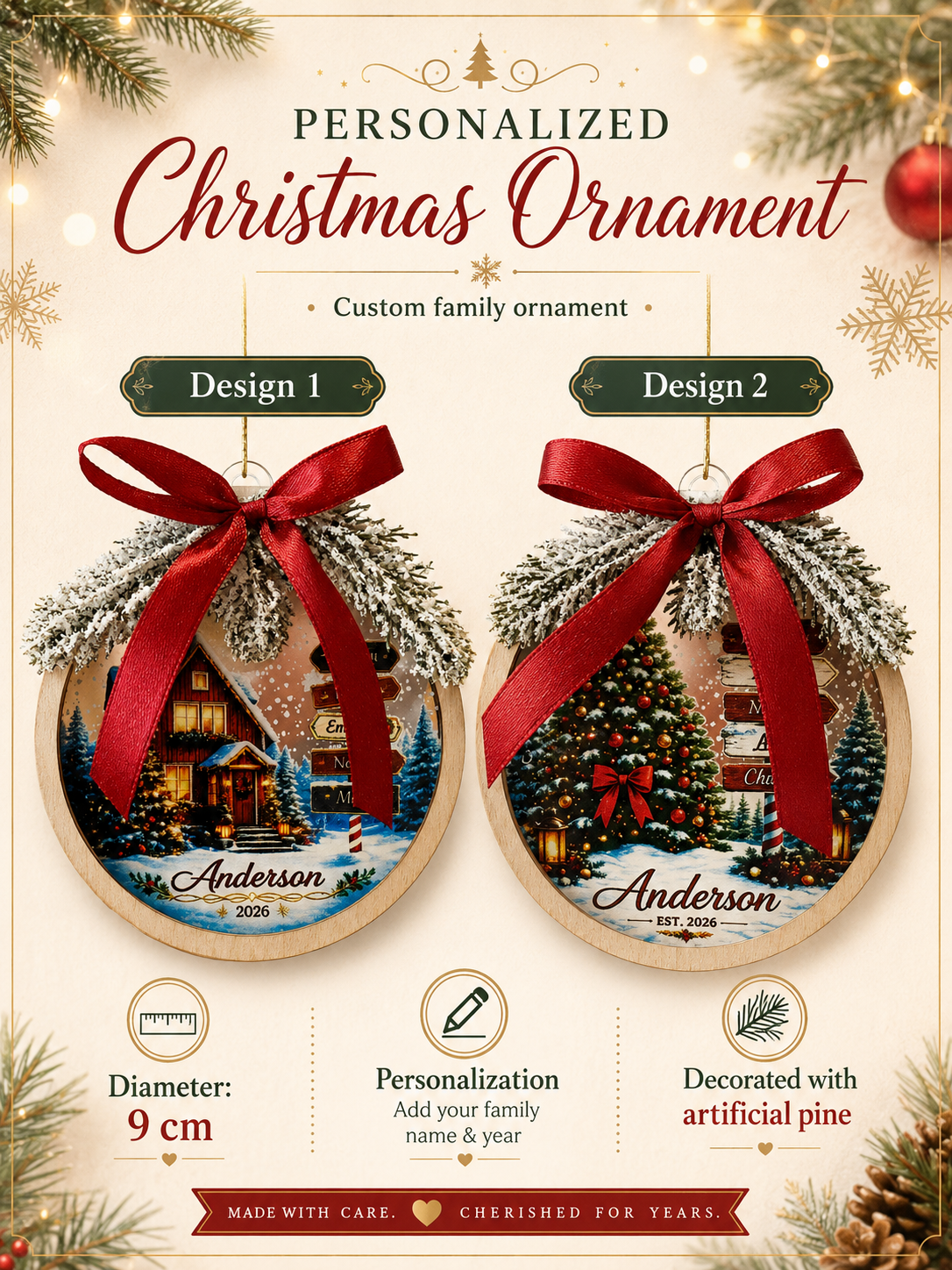 Custom Christmas tree ornament with nativity scene and personalized family name