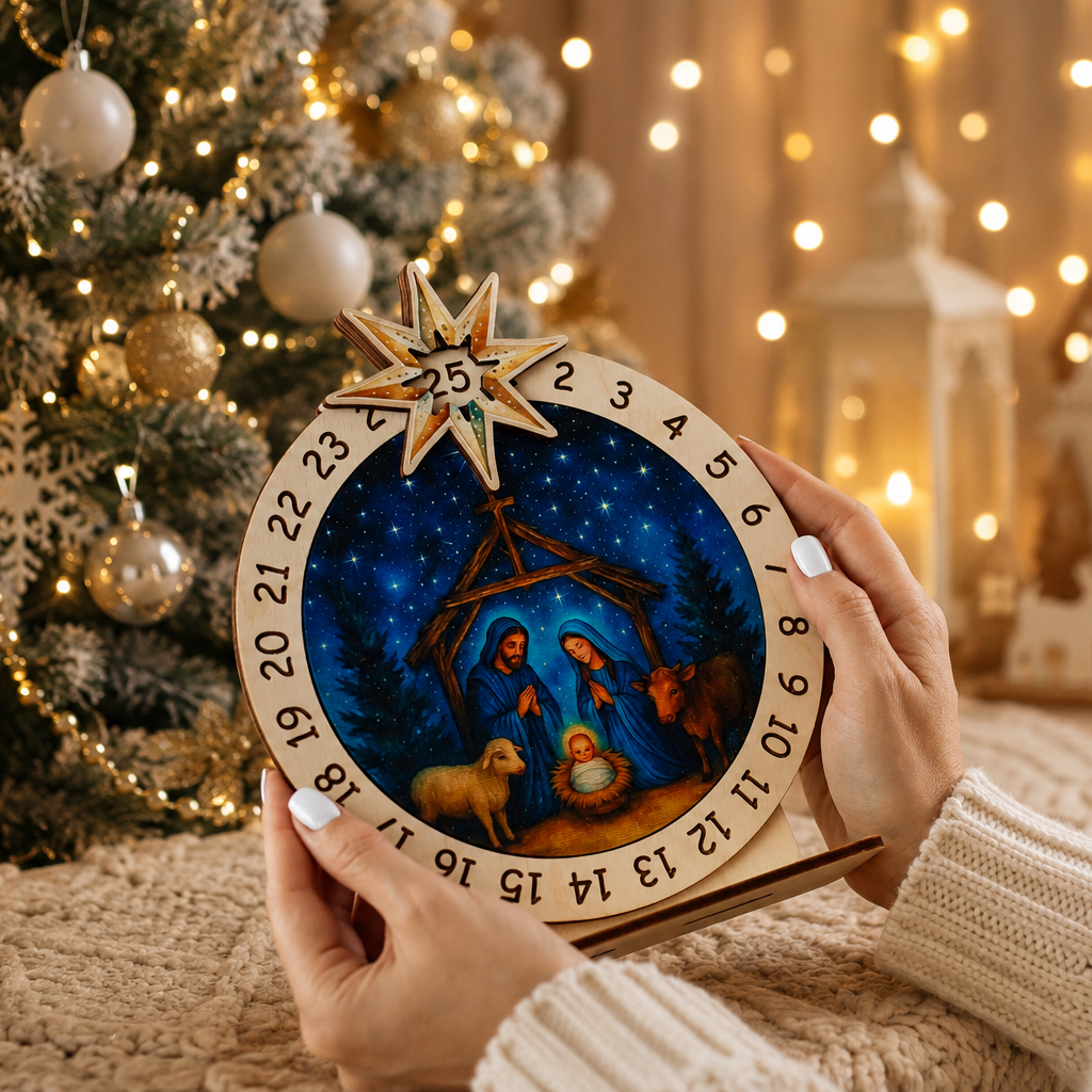 Round wooden Christmas nativity advent calendar with numbers 1 to 25, blue nativity scene, Mary, Joseph, baby Jesus, star, animals, and warm Christmas lights.