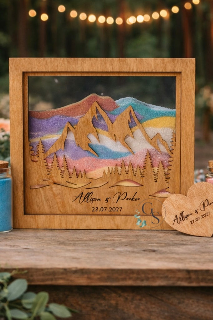 personalized mountain wedding sand ceremony frame with colored sand and wooden design