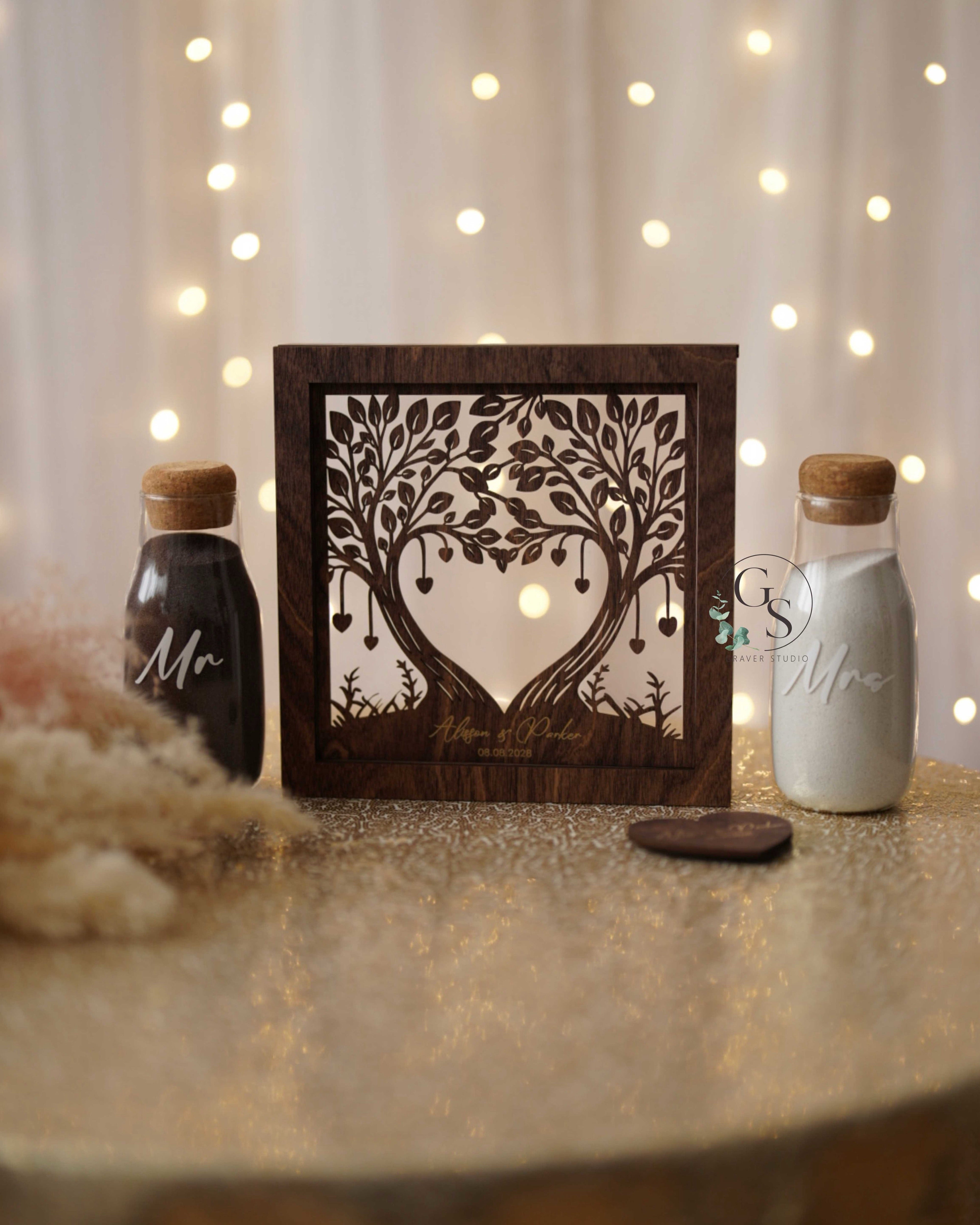 Boho wedding sand ceremony frame with tree of love motif