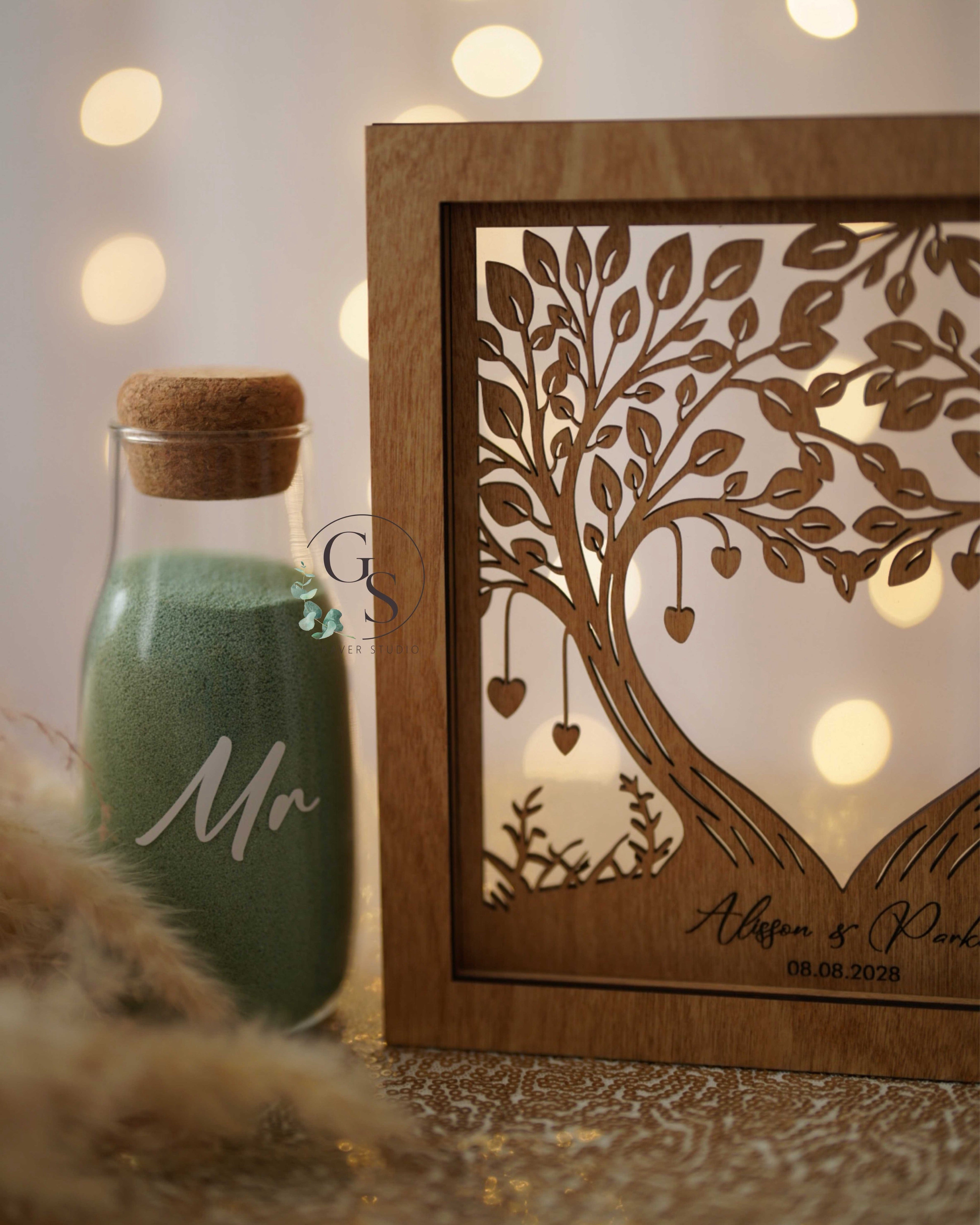 Wedding sand ceremony shadow box with heart-shaped tree engraving