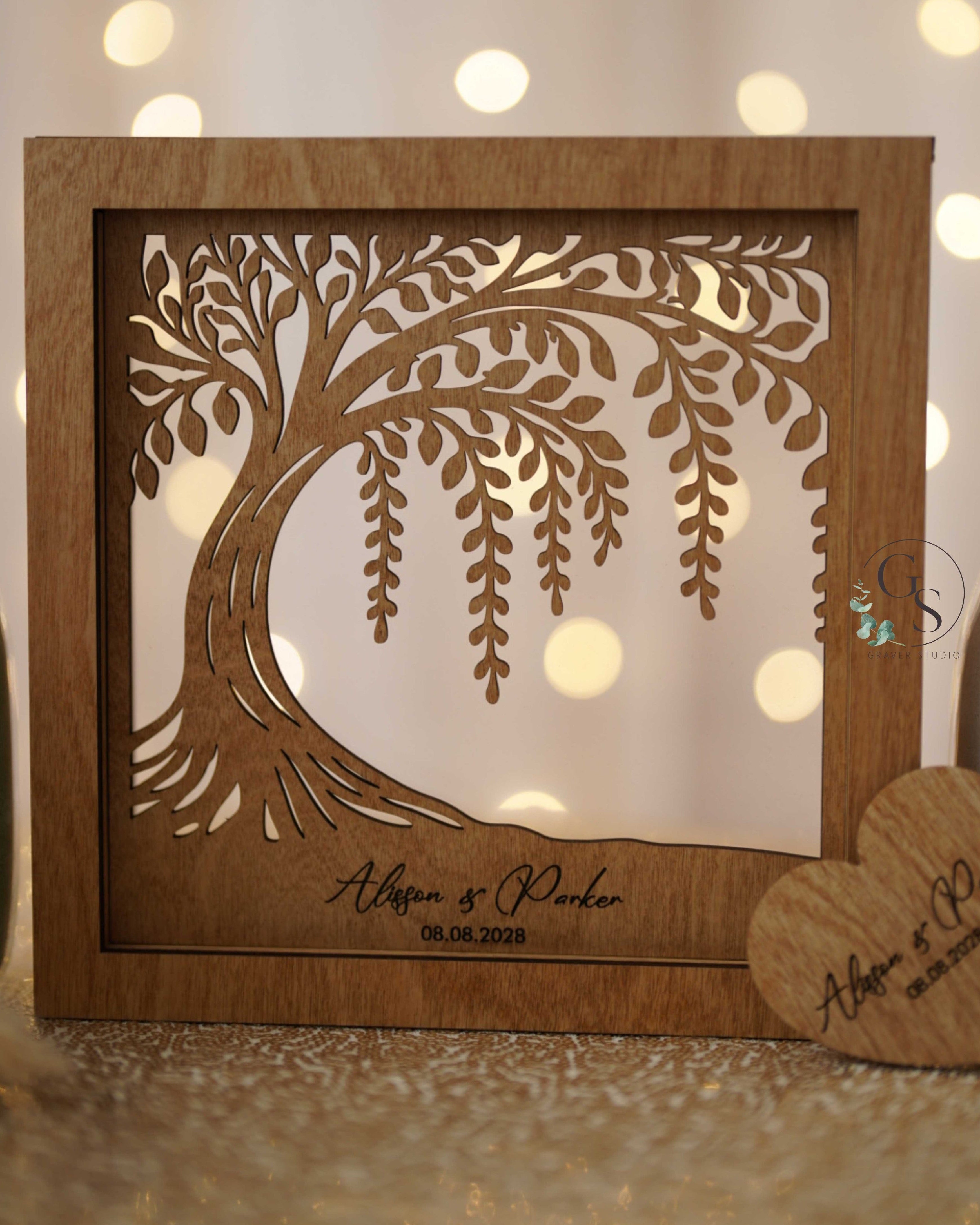 Wooden sand ceremony shadow box with family tree cutout