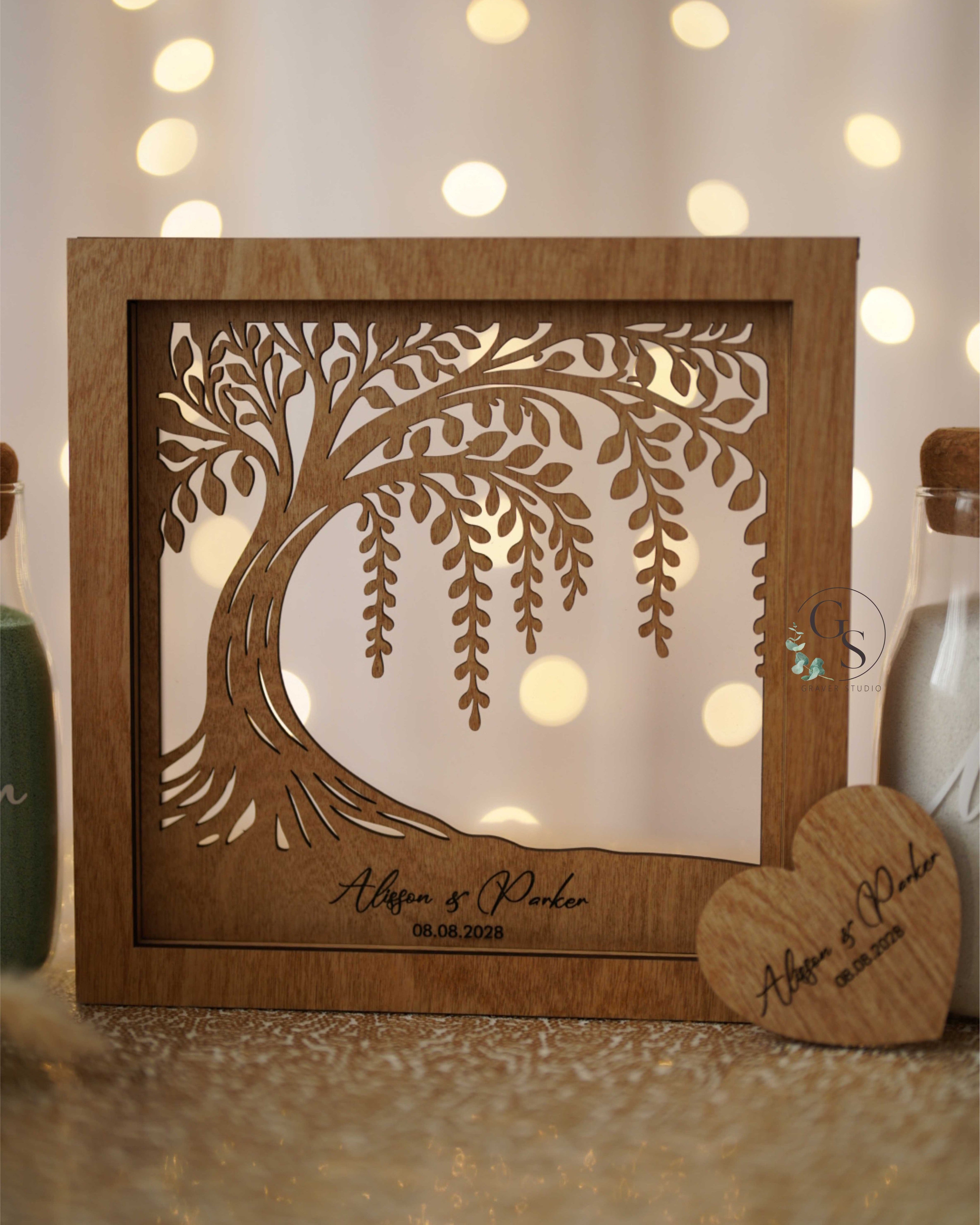 Wooden sand ceremony shadow box with family tree cutout