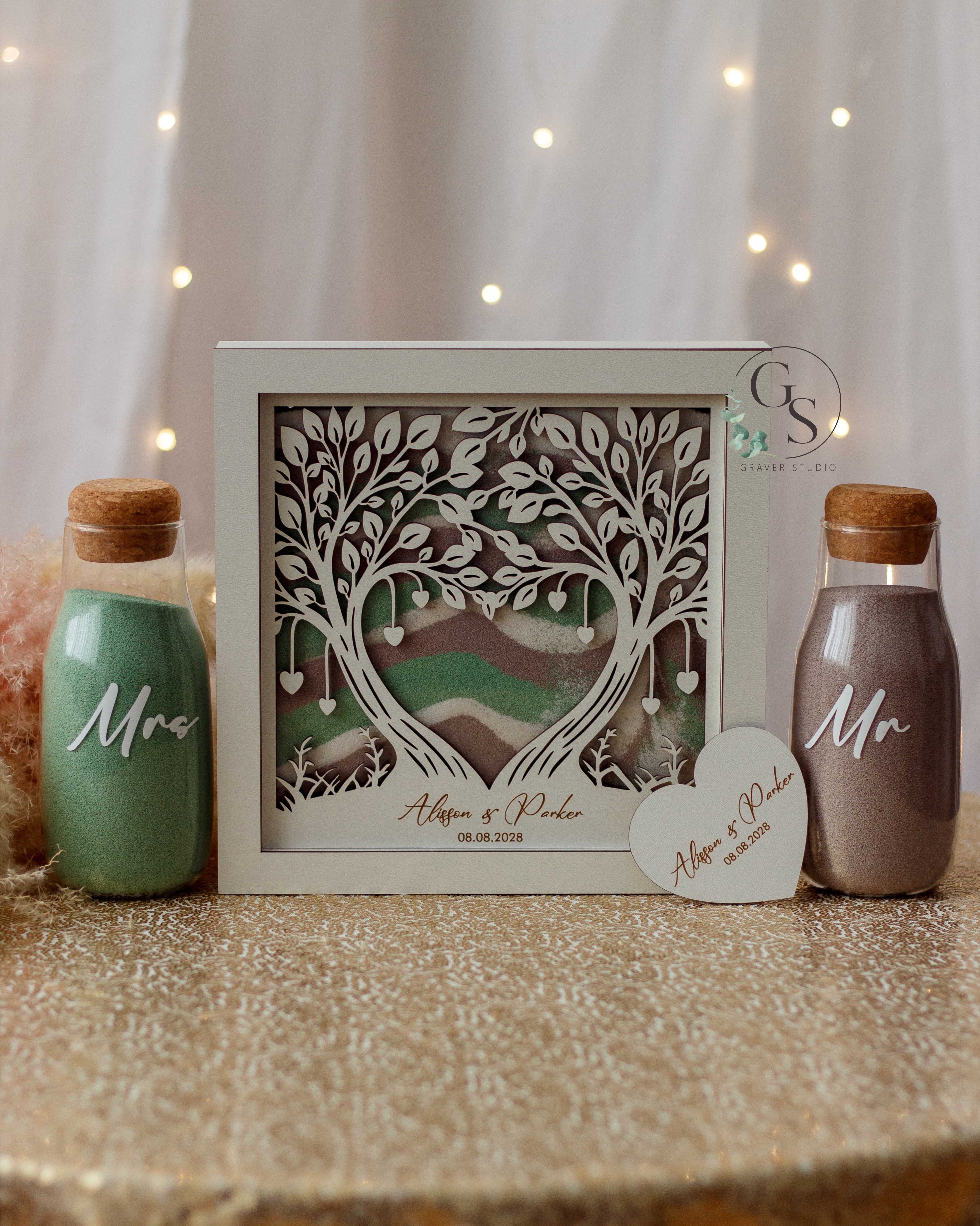 Handmade sand ceremony frame with tree design and heart details