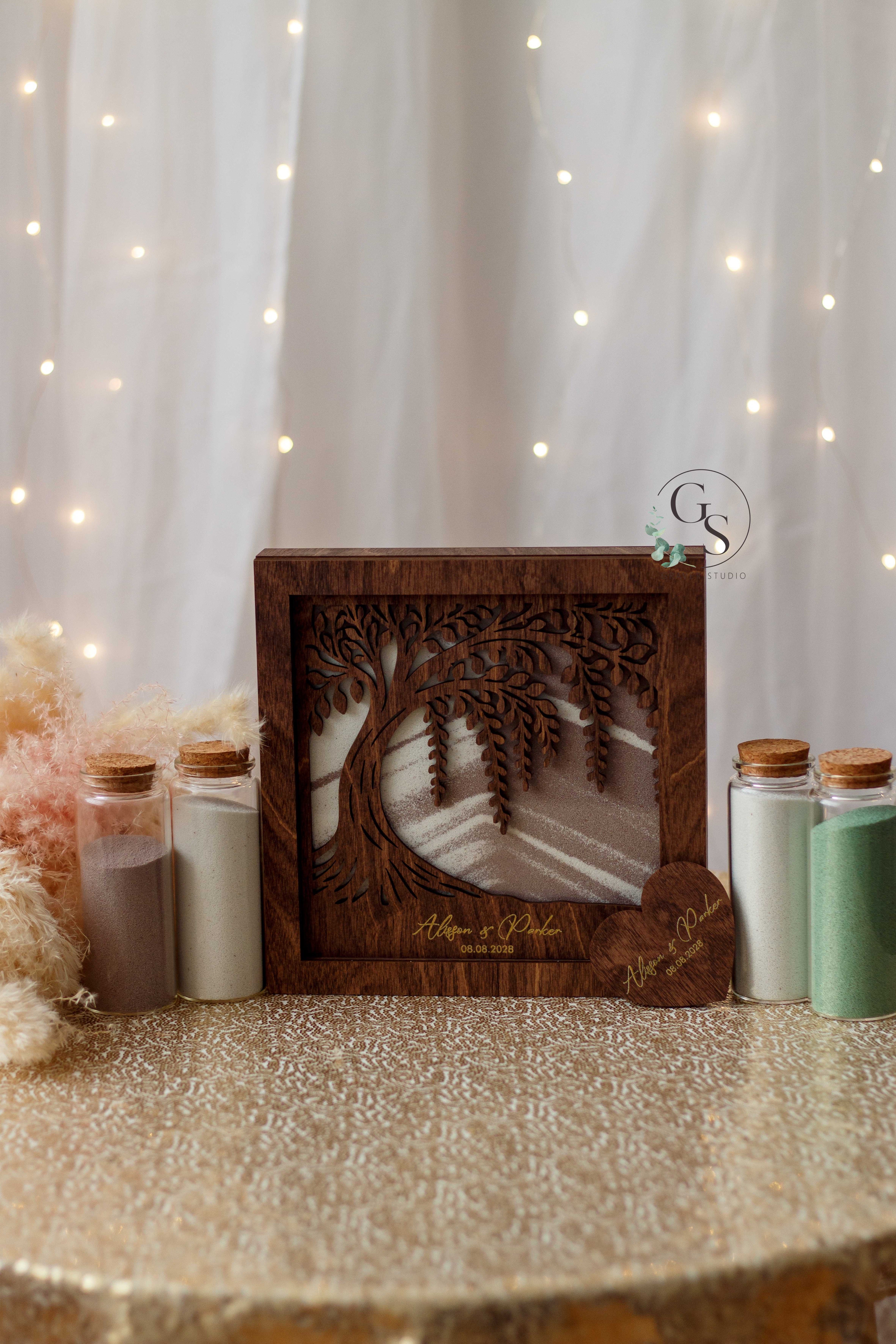 Elegant wooden sand ceremony frame with engraving