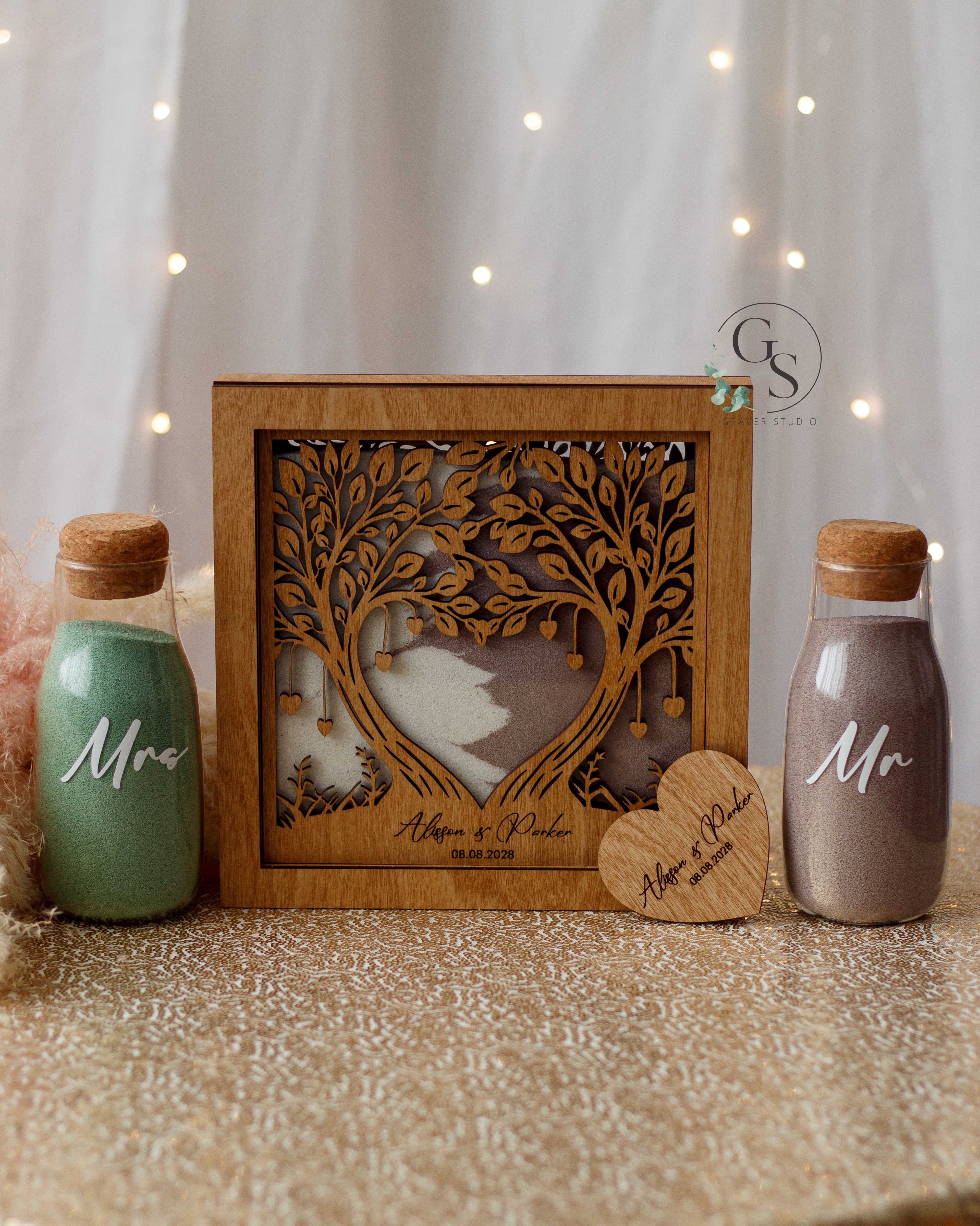 Personalized Mr and Mrs sand ceremony bottles with tree frame