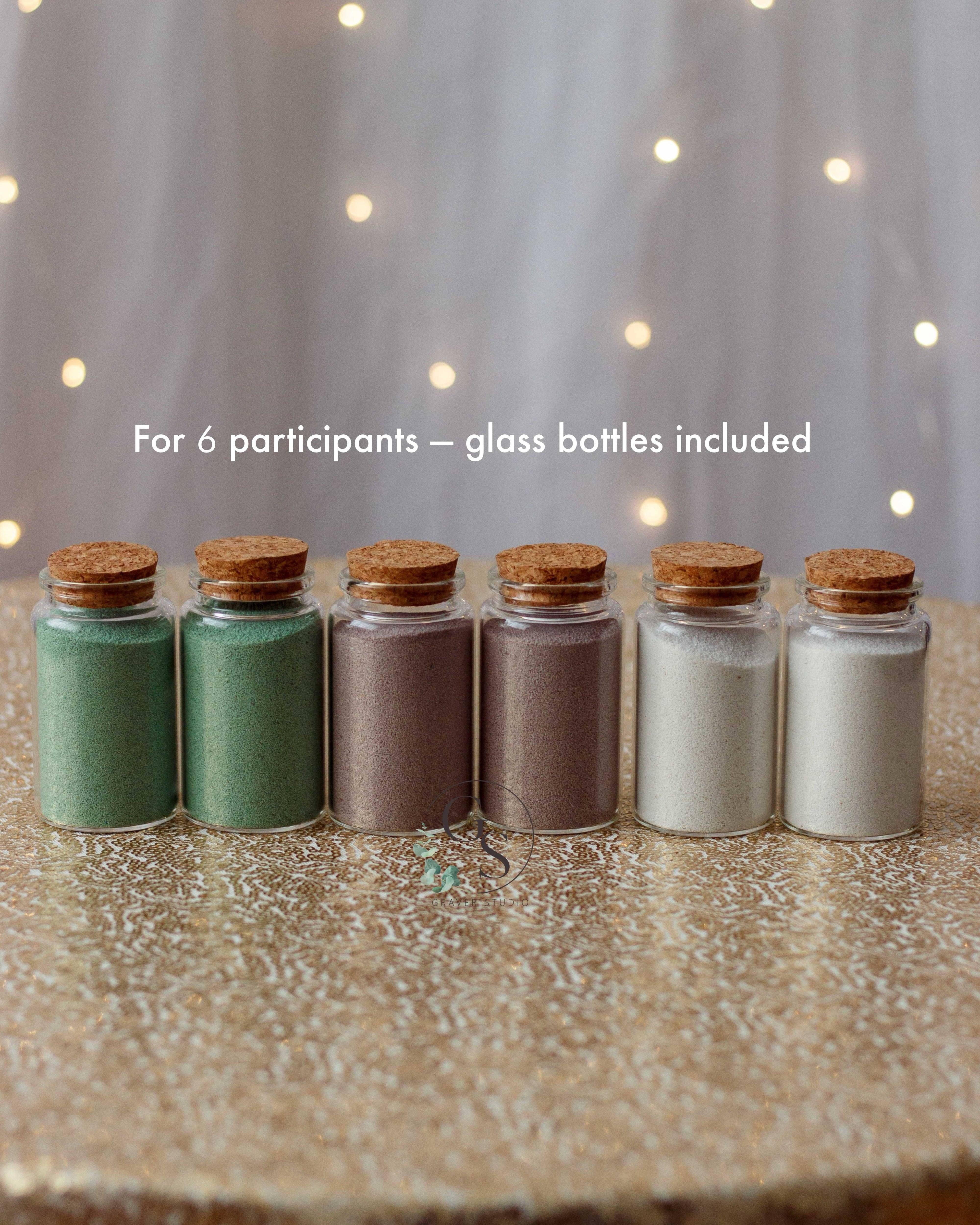 Unity sand ceremony set for beach wedding with frame and bottles