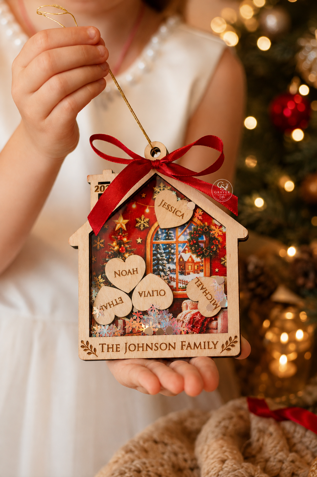 Personalized Family Christmas Ornament – Custom Wooden House with Names
