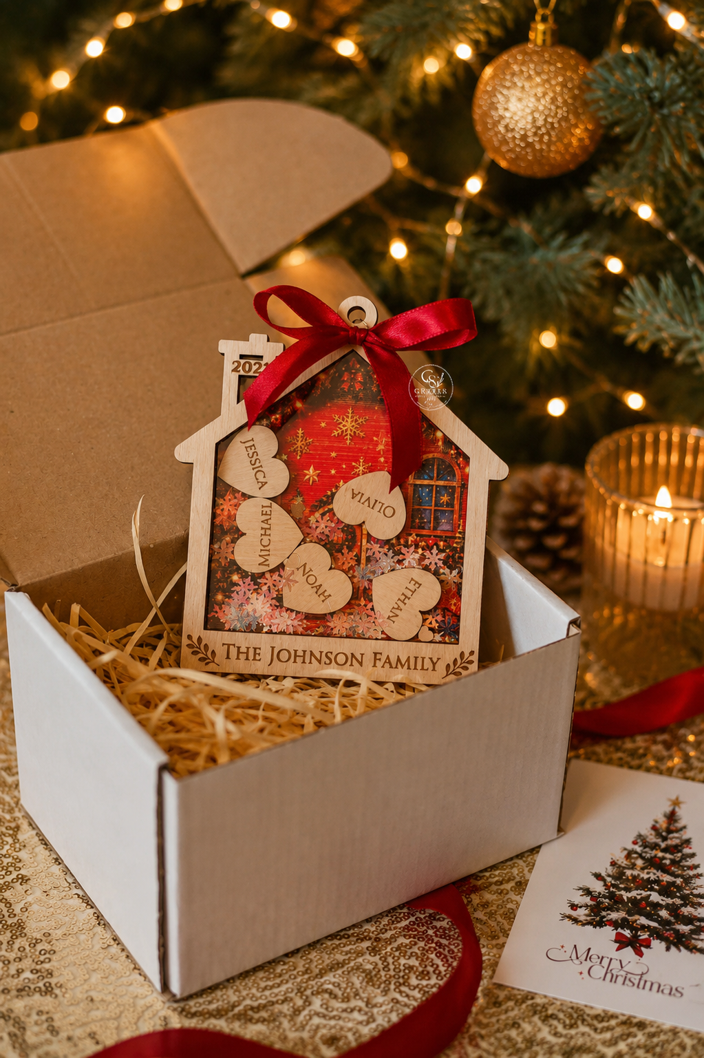 Personalized Family Christmas Ornament – Custom Wooden House with Names