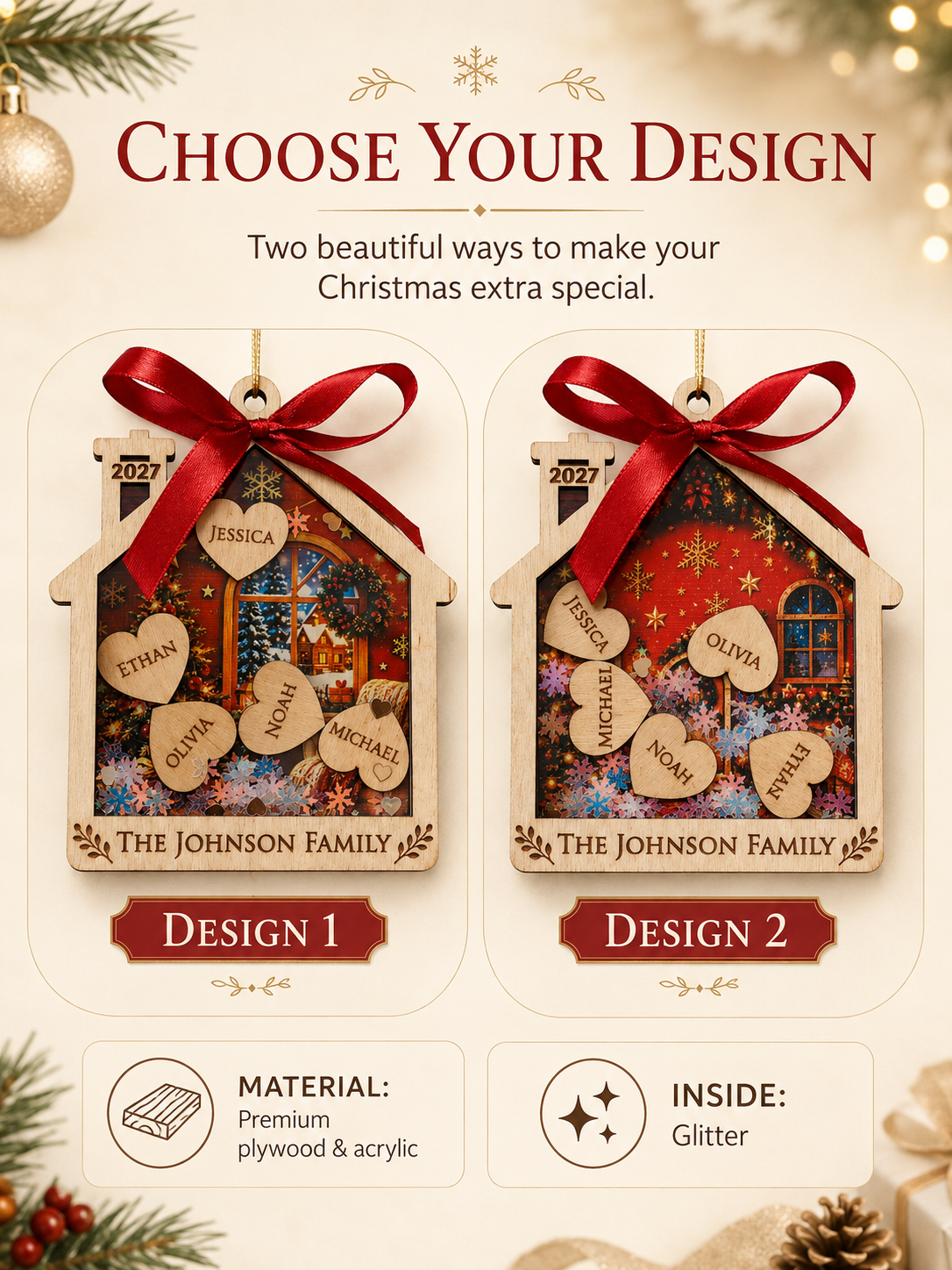 Personalized Family Christmas Ornament – Custom Wooden House with Names