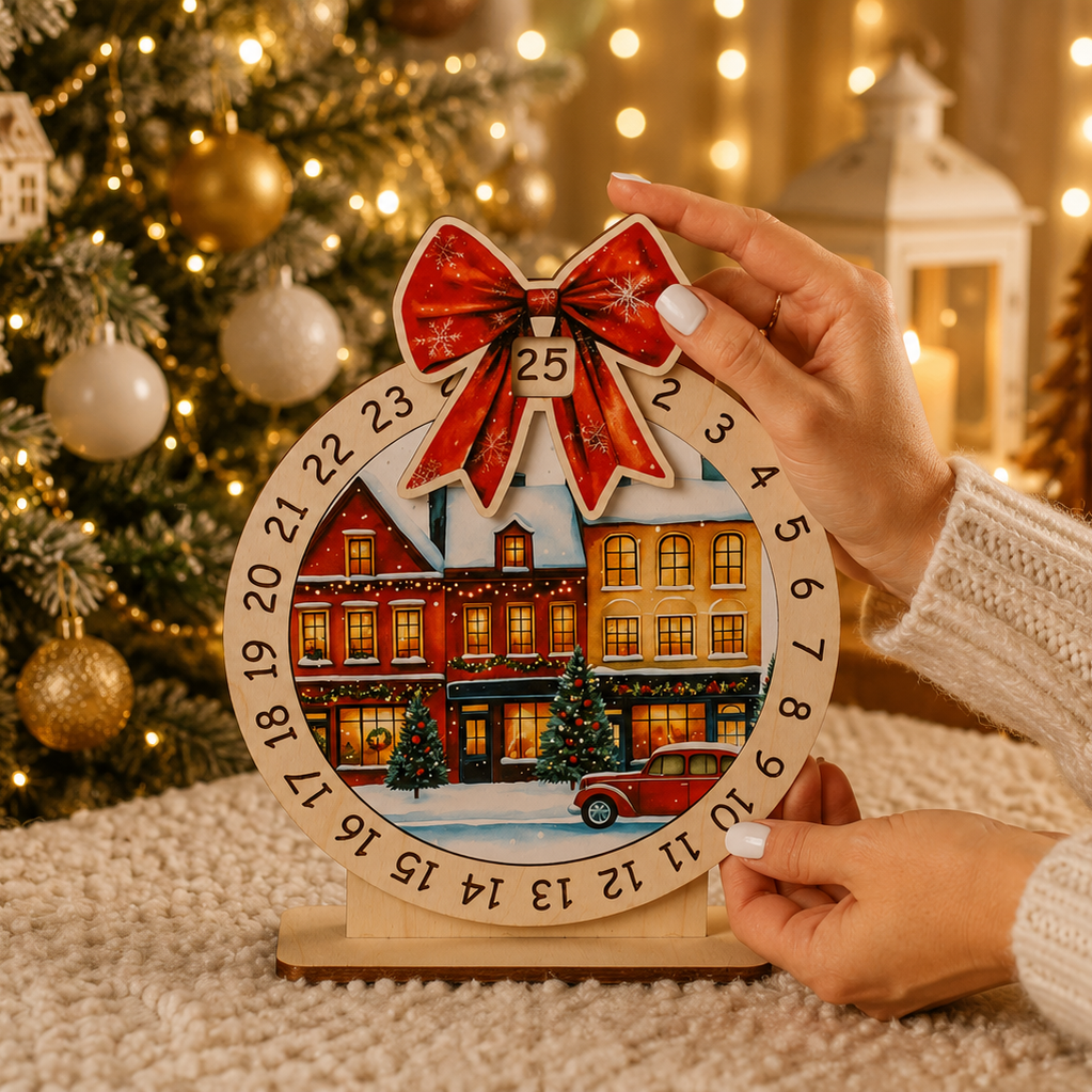 Hand-painted wooden advent calendar with winter houses, red bow, and numbered countdown displayed in a cozy Christmas living room.
