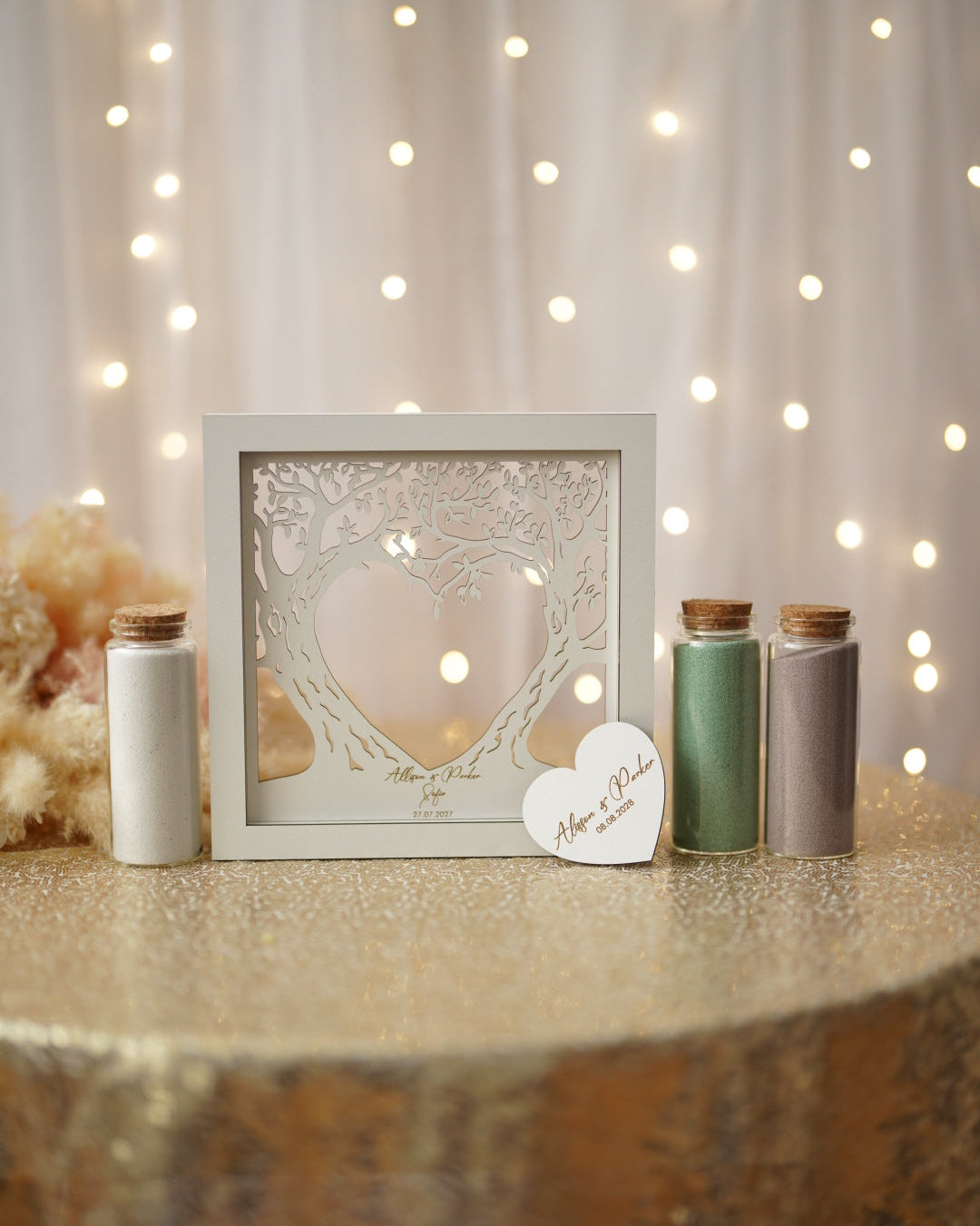 Personalized wedding sand ceremony frame with heart tree design for unity ceremony