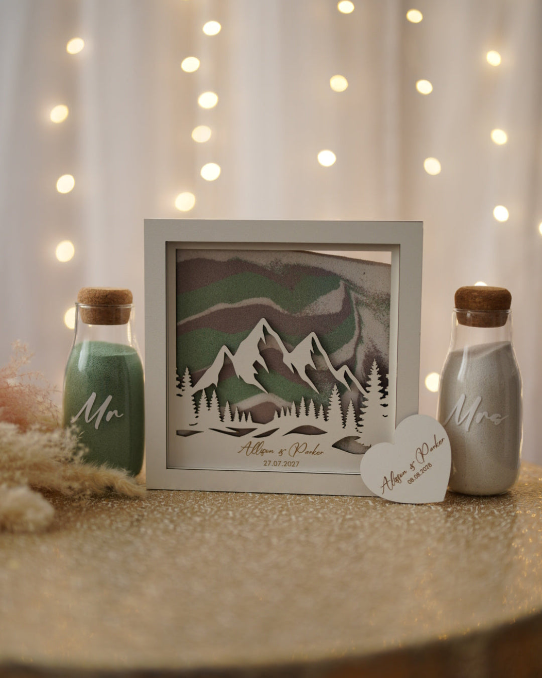 Wedding sand ceremony frame with mountain scene and trees