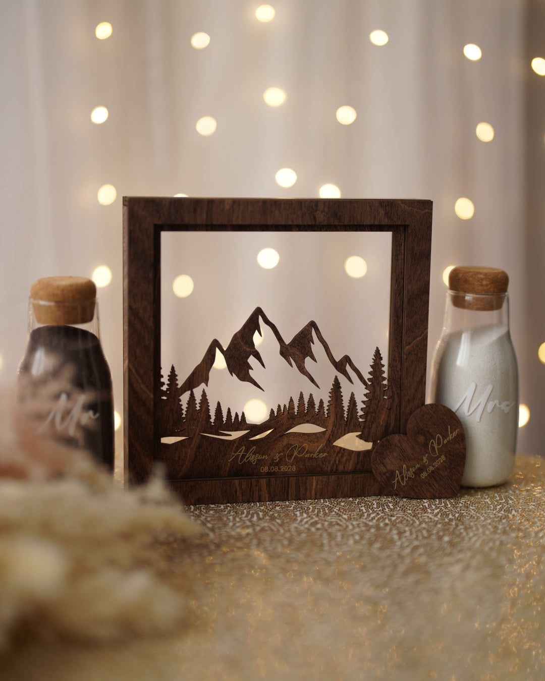 Personalized mountain sand ceremony keepsake frame wood