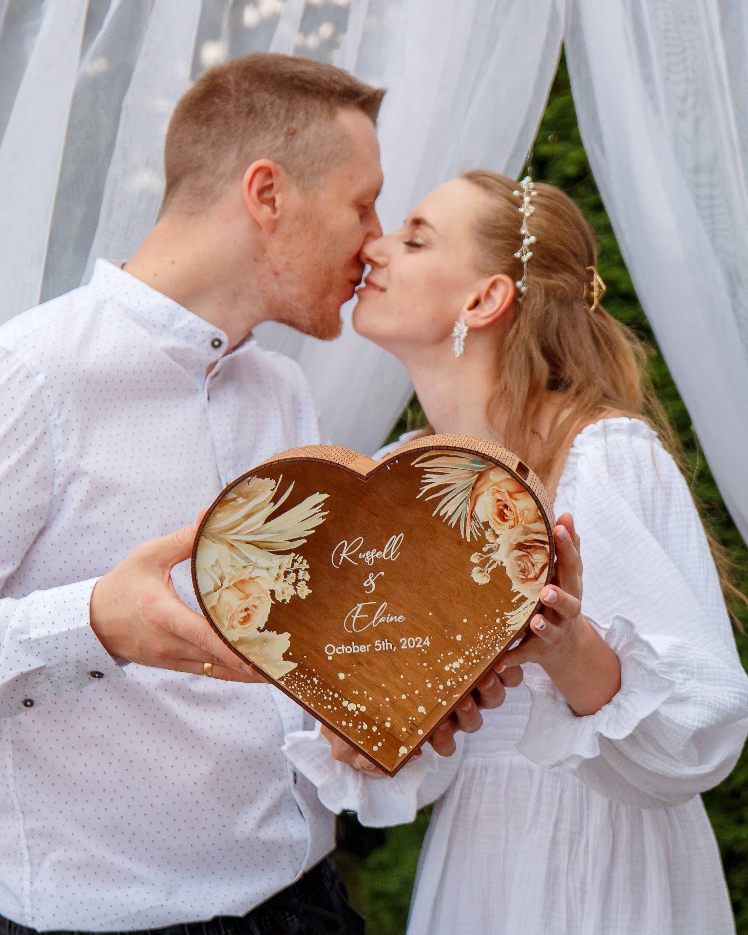 Wooden heart wedding card box with floral design