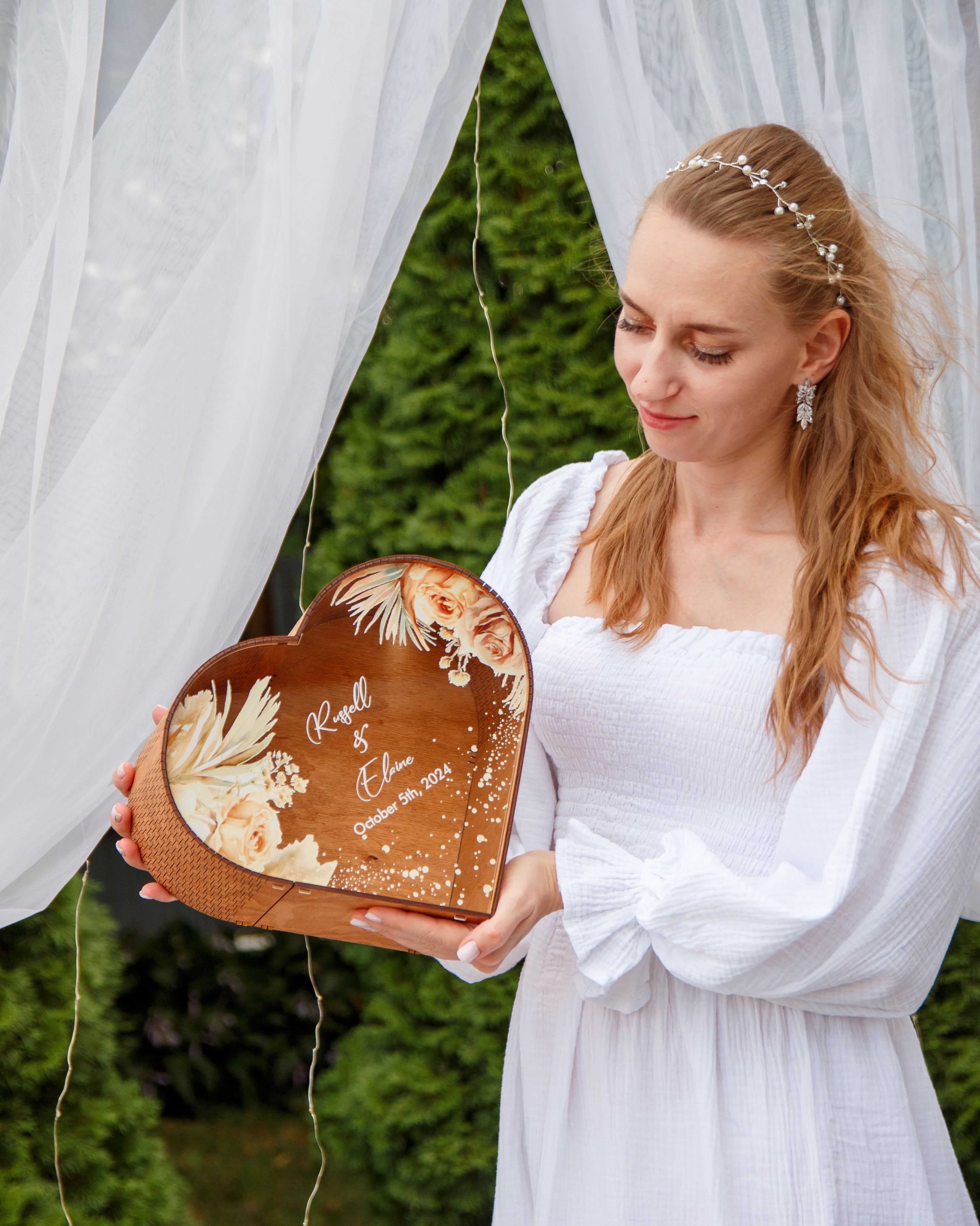 Romantic wooden card holder for wedding reception decor