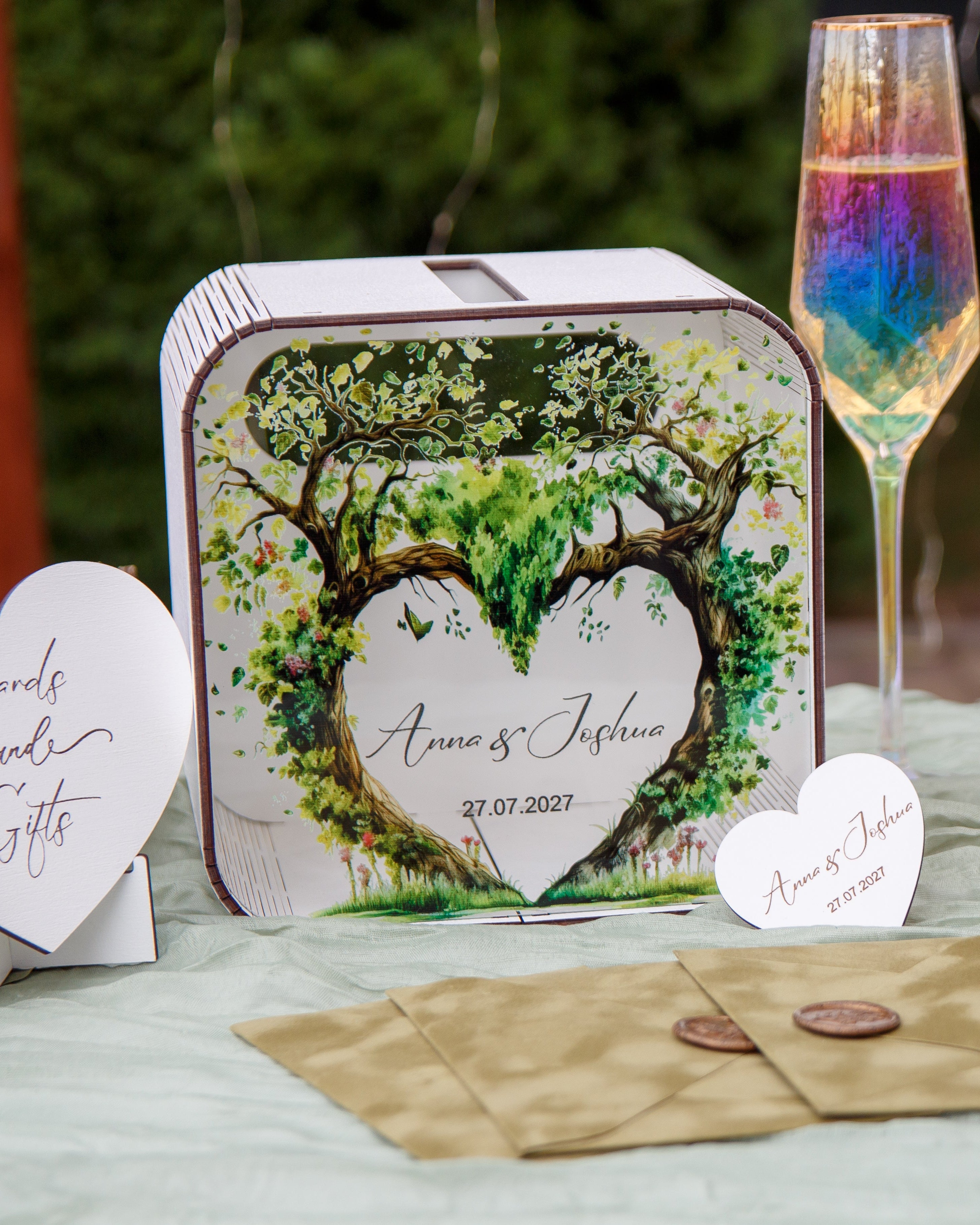 Custom wedding money box with slot for cards on top