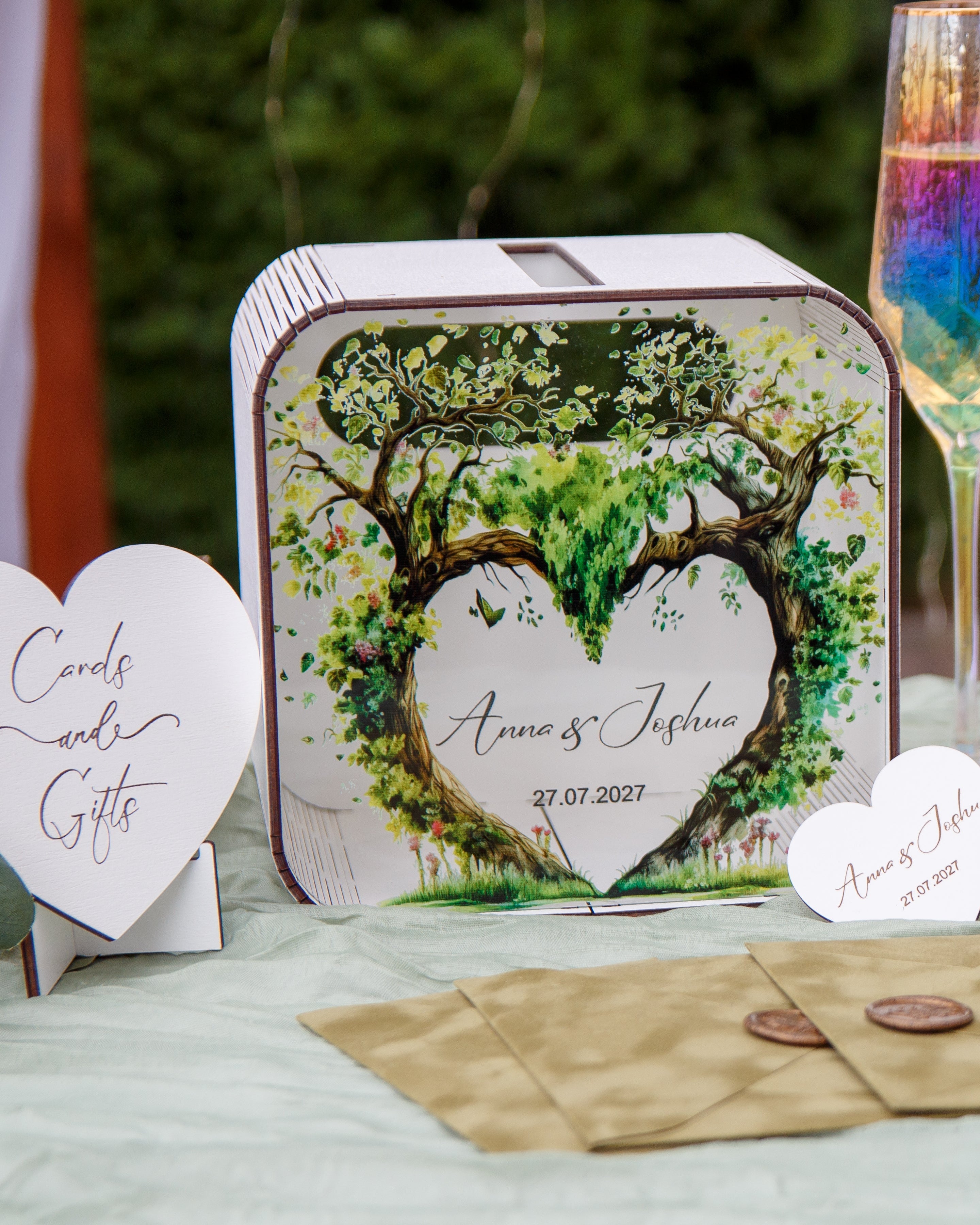 Wooden cards and gifts box for wedding reception table