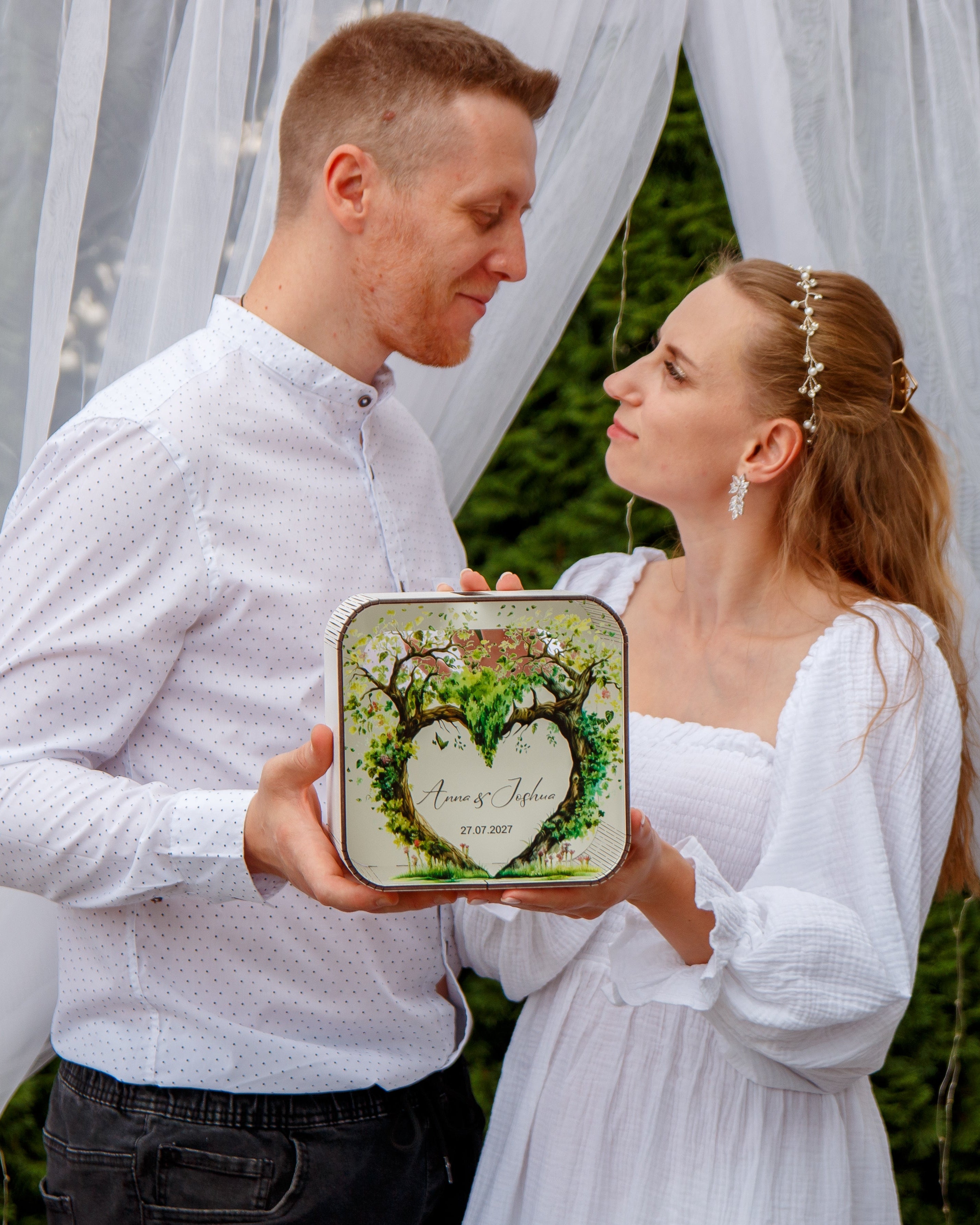Decorative wedding card box with romantic tree artwork
