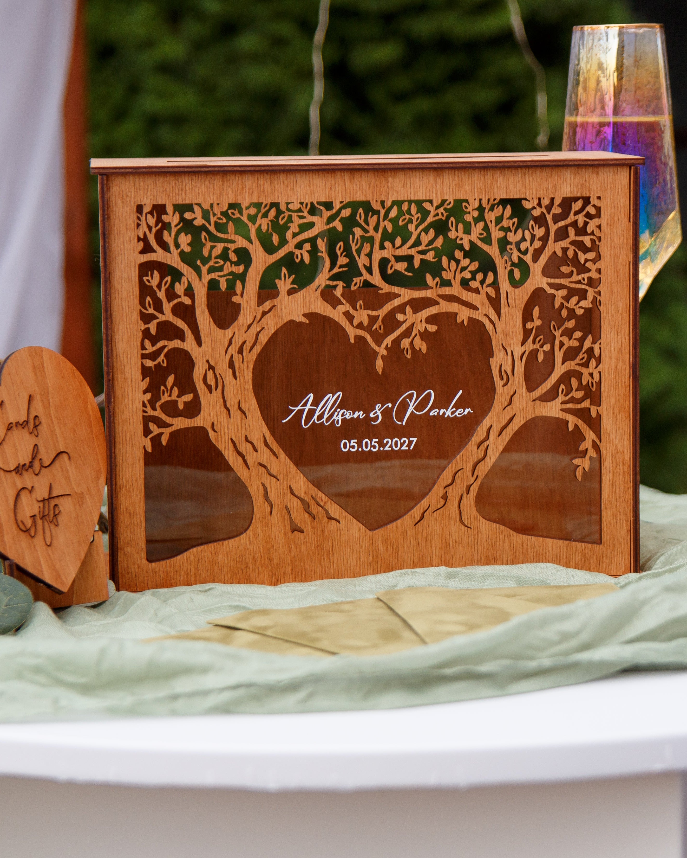 Elegant wood card box for wedding reception gift table