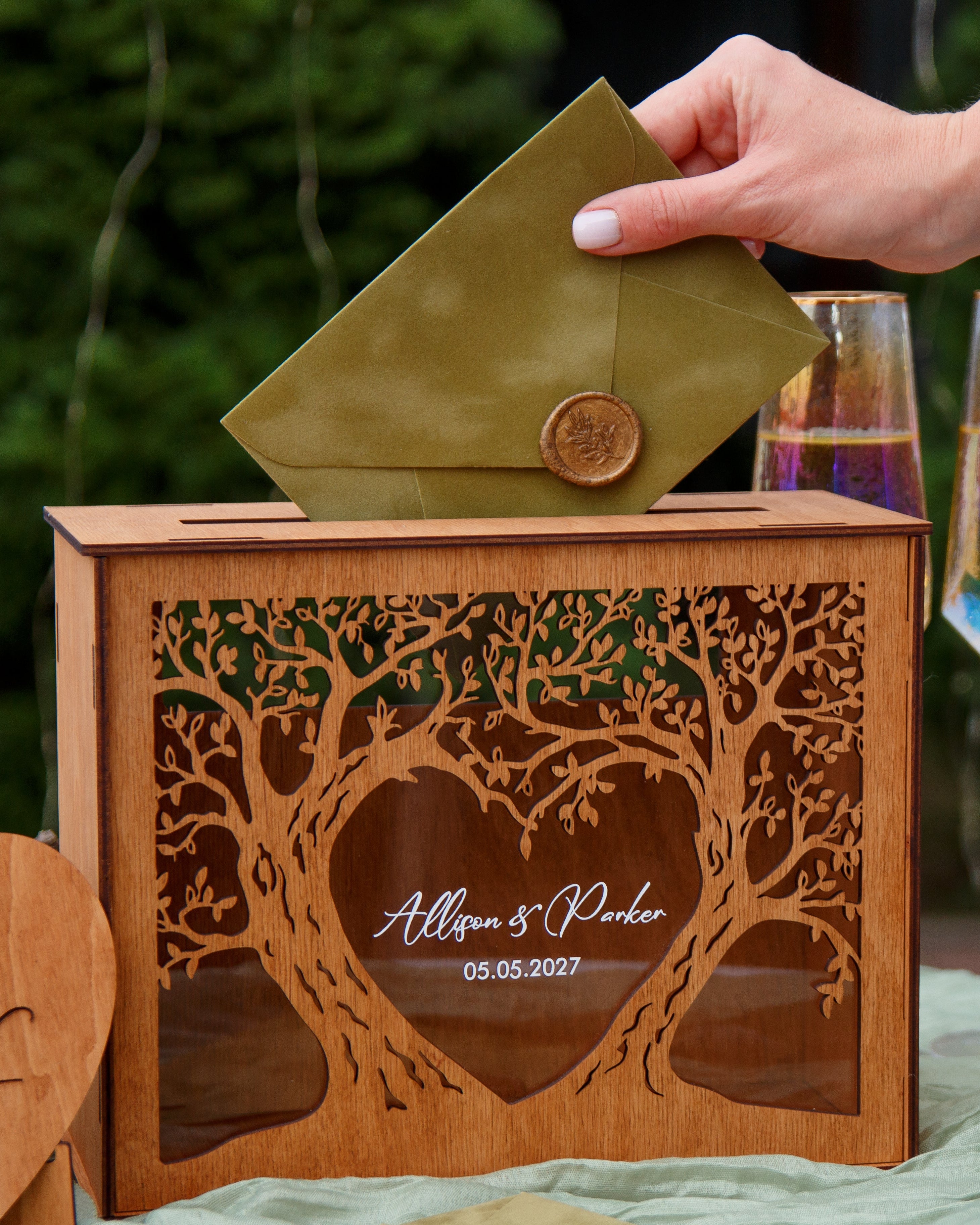 Wedding envelope box made of natural wood with tree pattern