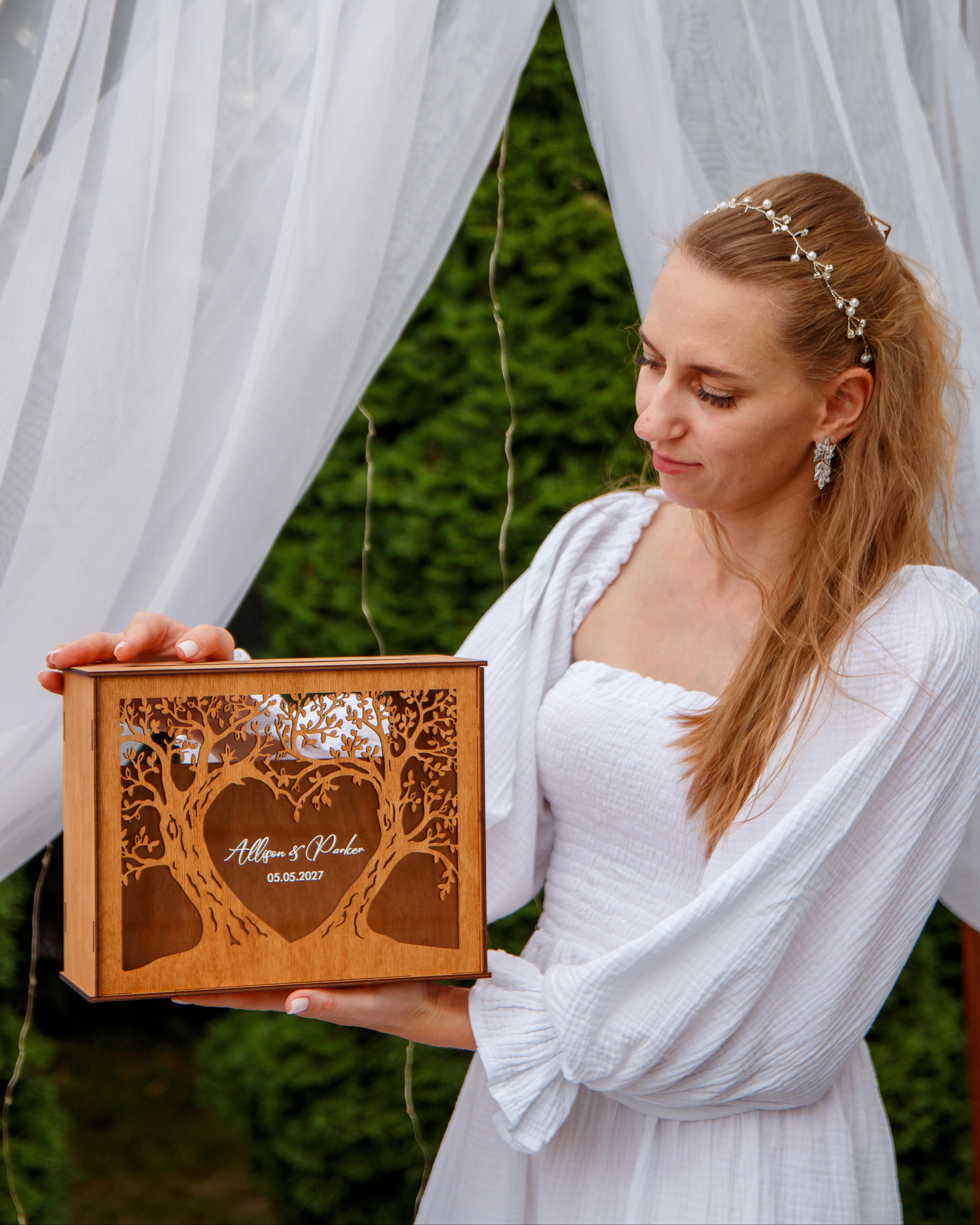 Personalized rustic wedding card holder box with slot lid