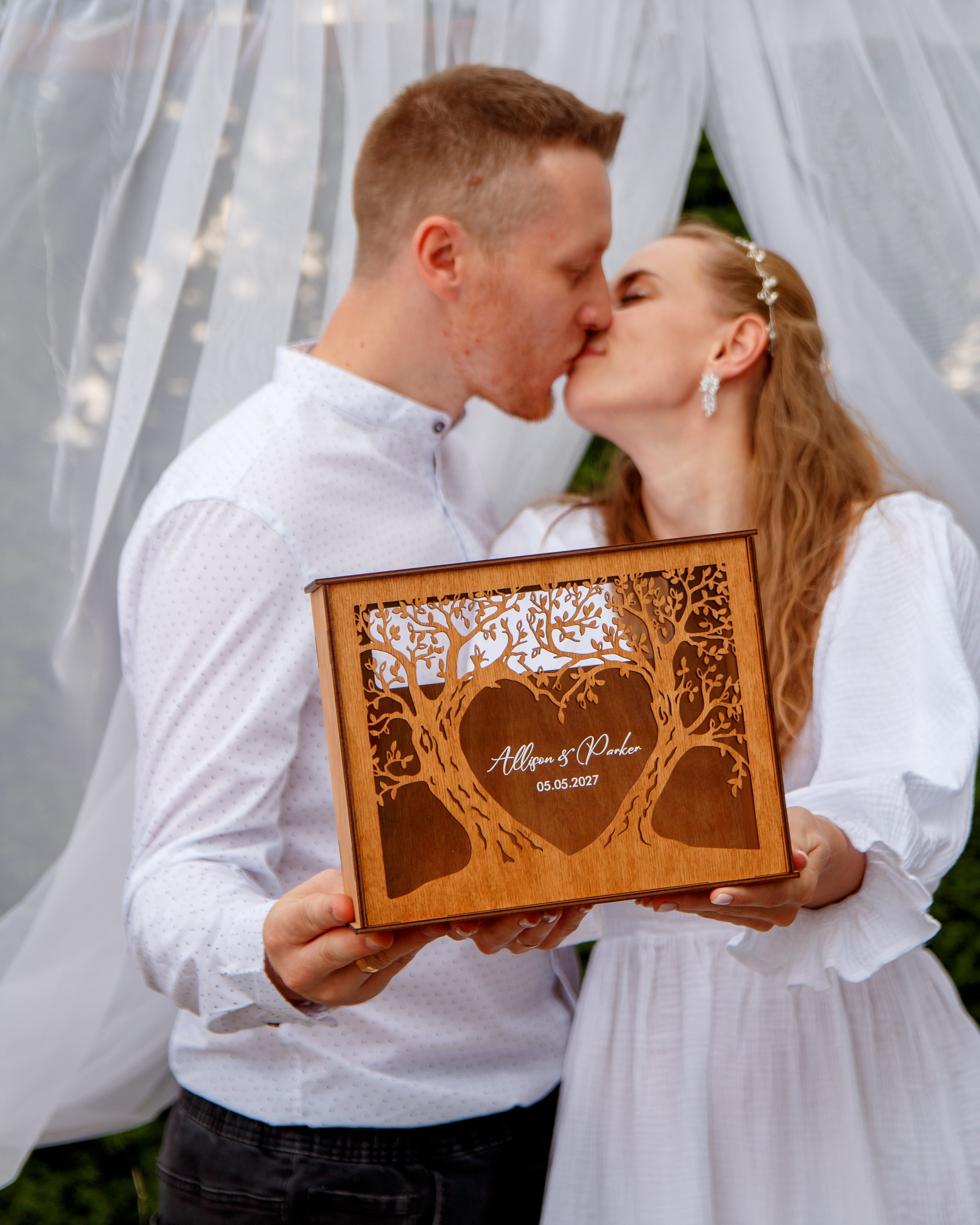 Personalized keepsake wooden box for wedding gift cards