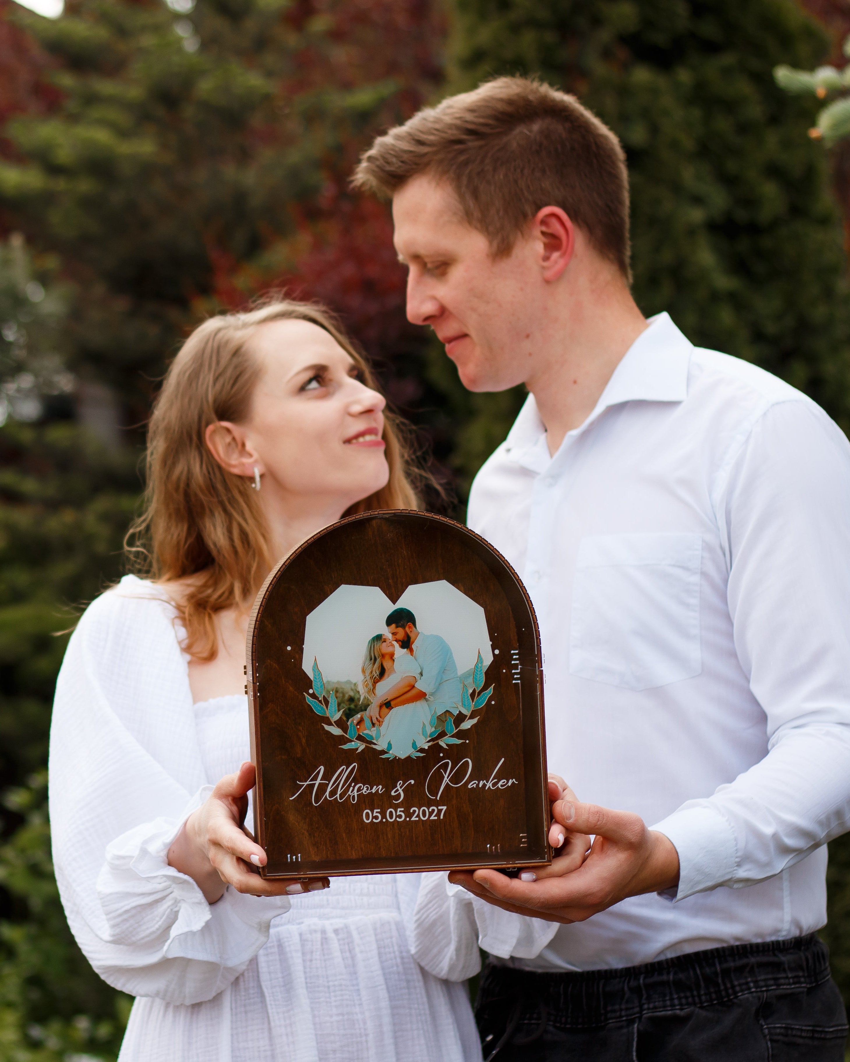 Wooden wedding envelope box with personalized engraving