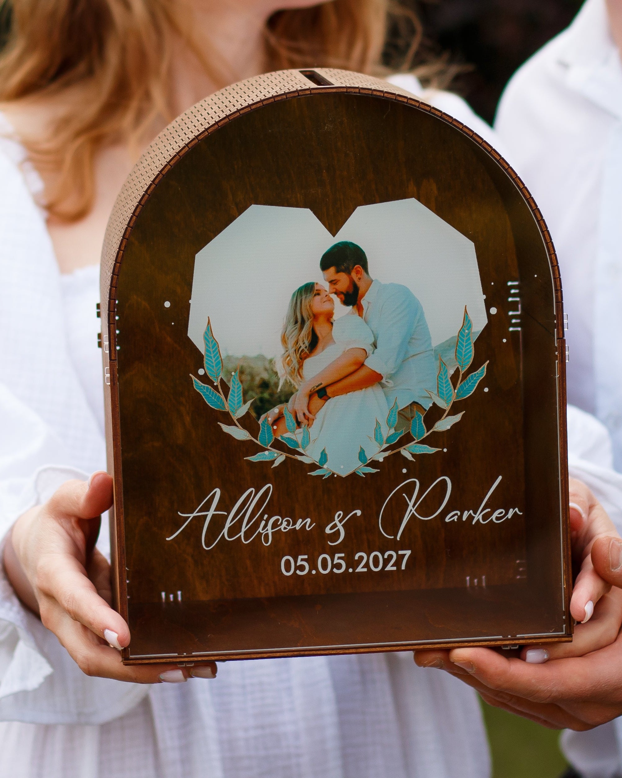 Custom wedding money box with photo and date on wood