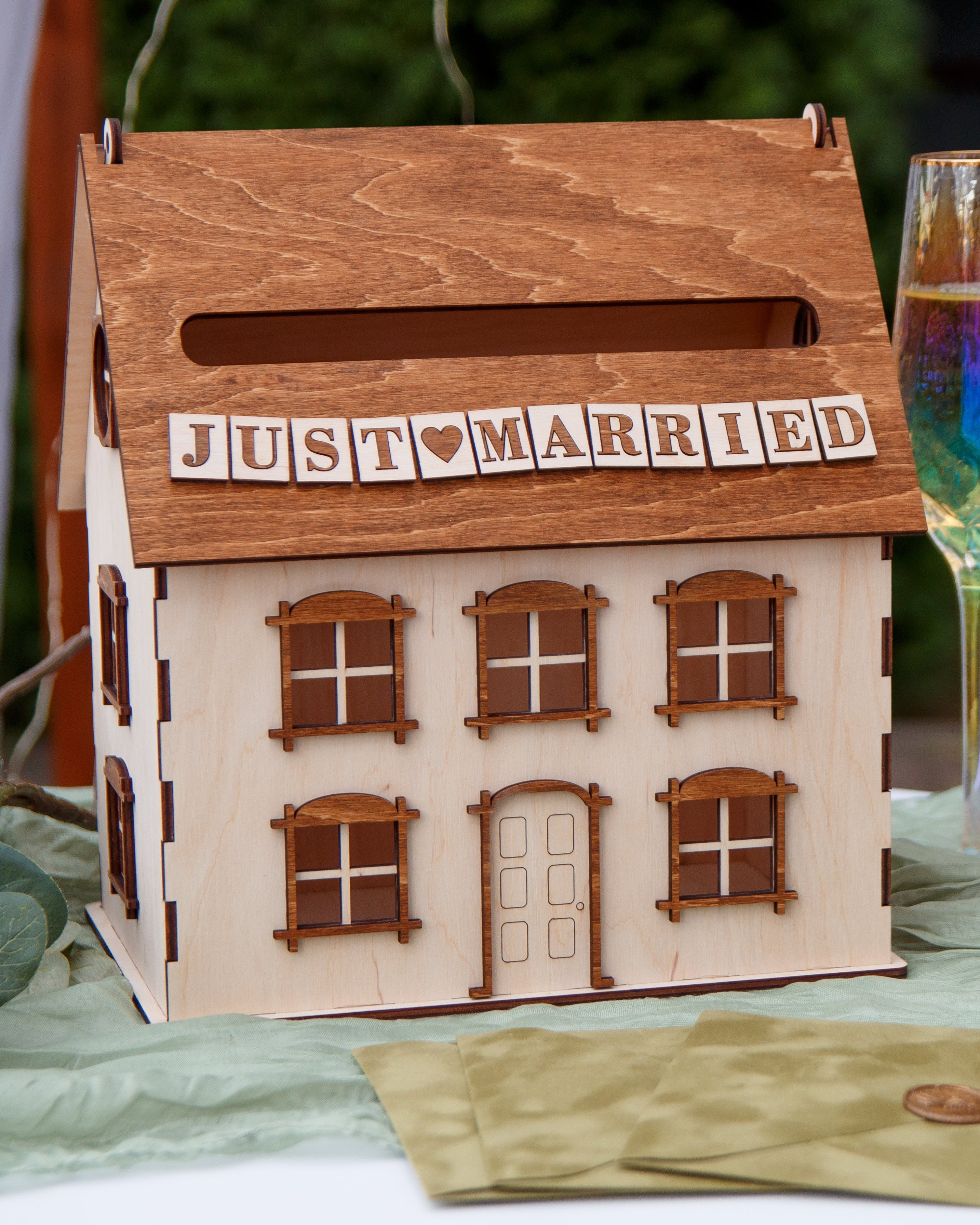 Personalized wooden wedding mailbox house for cards